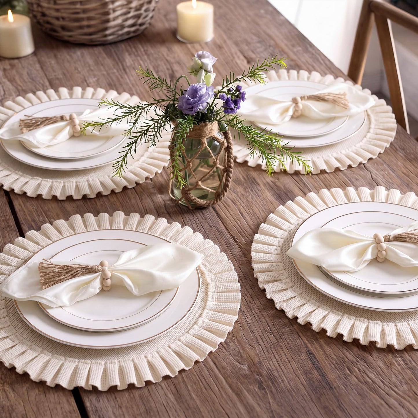 Gejoy 18 Pcs Burlap Placemat Wood Napkin Ring Dinner Napkin, Natural