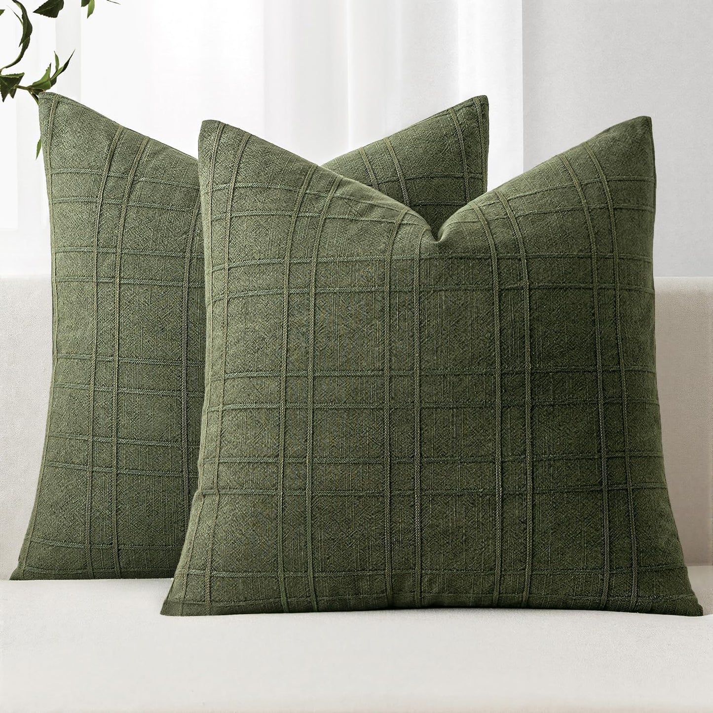 MIULEE Linen Plaid Pillow Covers Decorative 18x18 Dark Olive Green