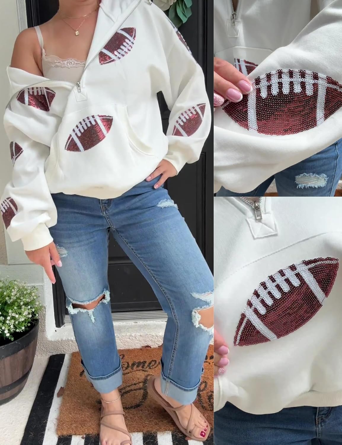 SeekMe Women Game Day Sweatshirt Sequin Football Hoodies Pullover Fall Top