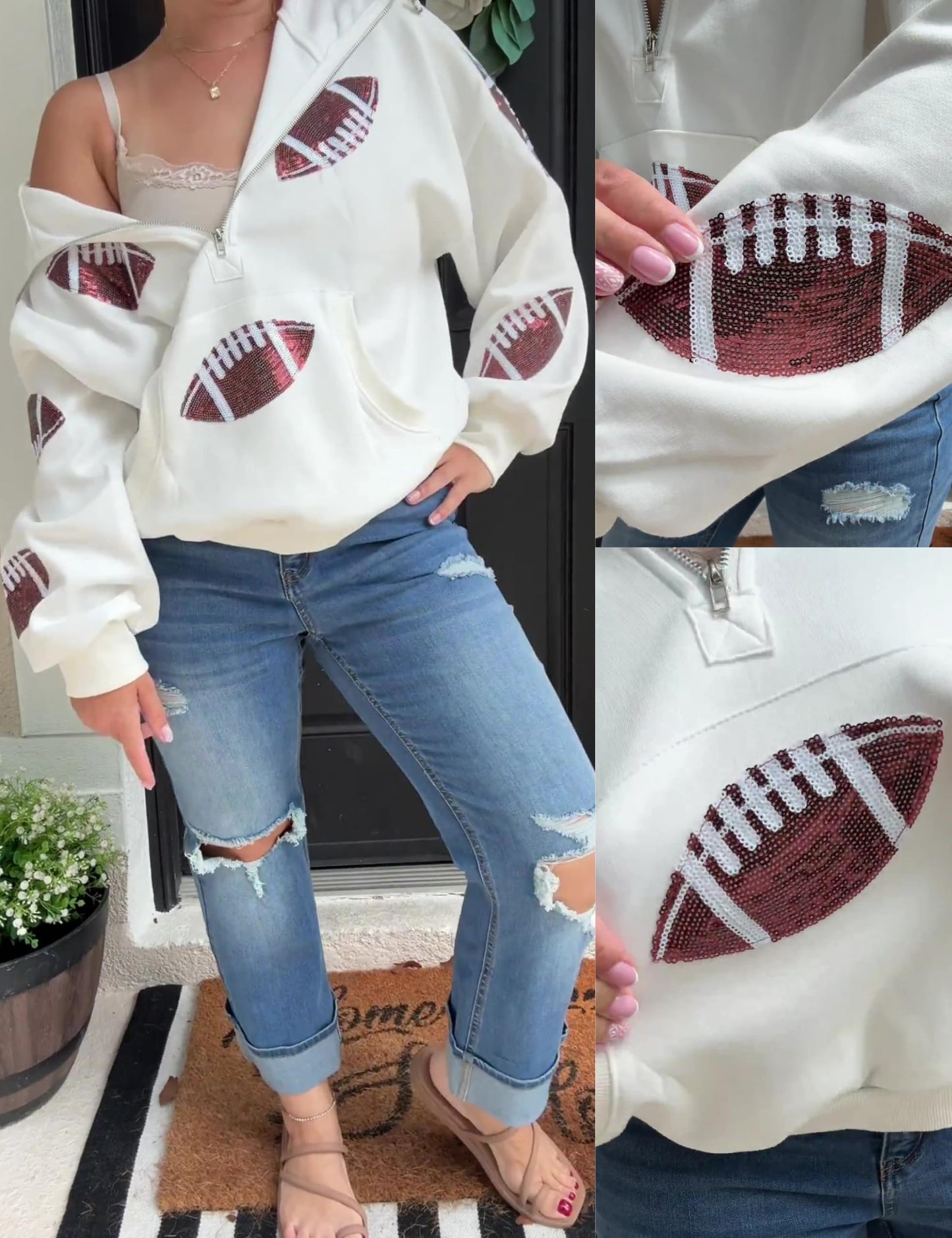 SeekMe Women Game Day Sweatshirt Sequin Football Hoodies Pullover Fall Top