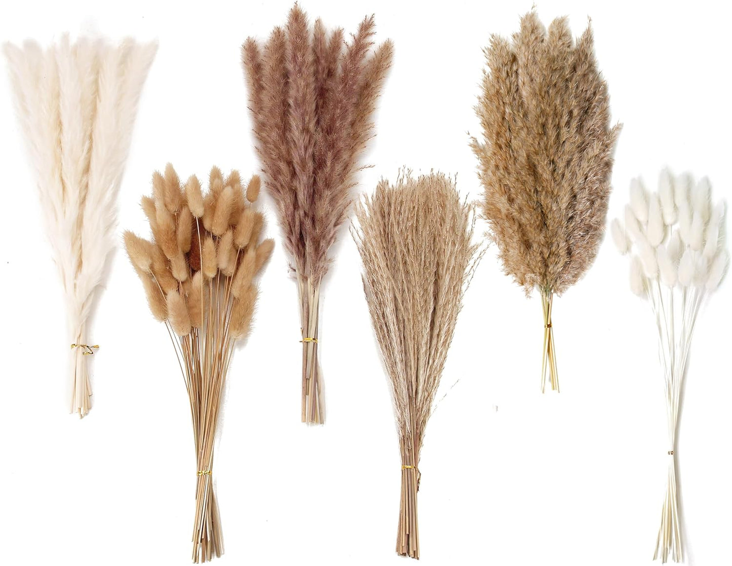 Dried Pampas Grass Decor, 100 Stems Pampas Grass Contains Bunny Tails Dried Flowers, Reed Grass Bouquet for Wedding Boho Flowers Home Table Decor, Rustic Farmhouse Party (17", White and Brown)