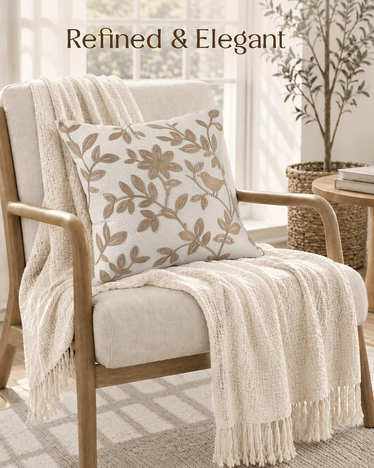 Linen Embroidered Throw Pillow Cover, 18x18 Inch, Khaki Bird