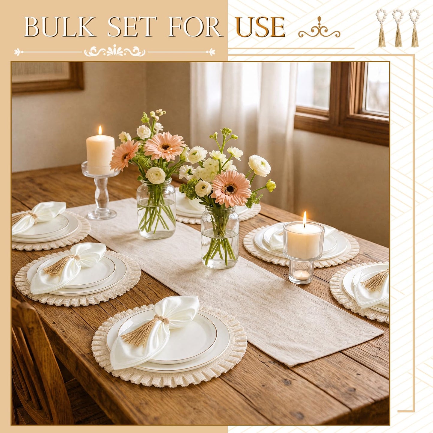 Gejoy 18 Pcs Burlap Placemat Wood Napkin Ring Dinner Napkin, Natural