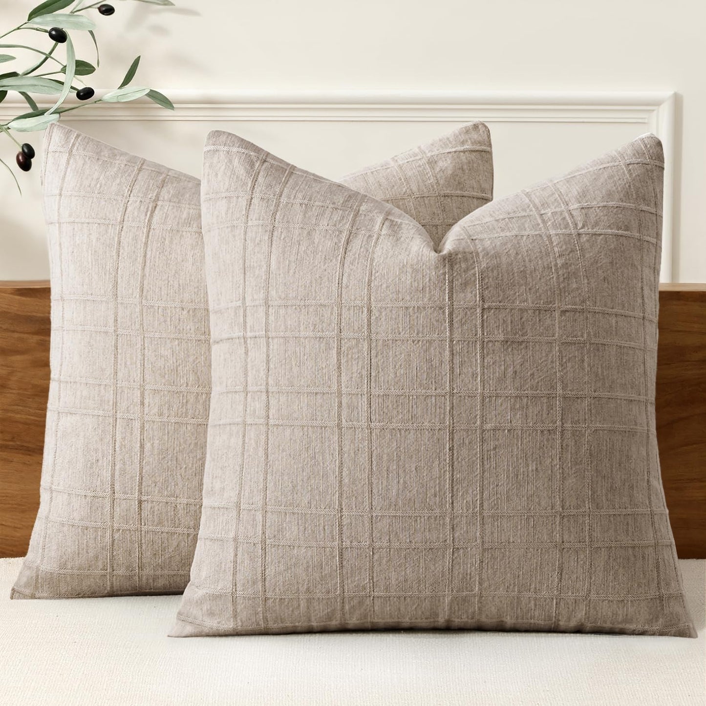 MIULEE Linen Plaid Pillow Covers Decorative 18x18 Dark Olive Green