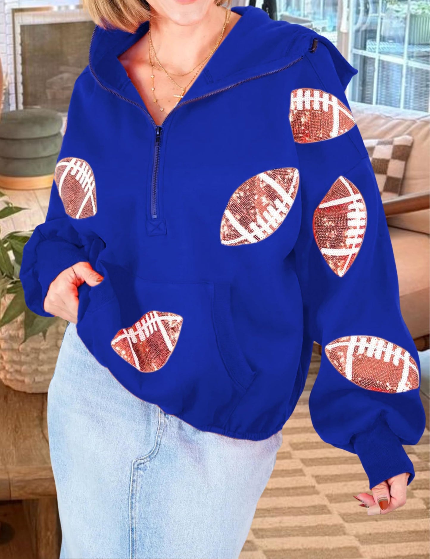 SeekMe Women Game Day Sweatshirt Sequin Football Hoodies Pullover Fall Top