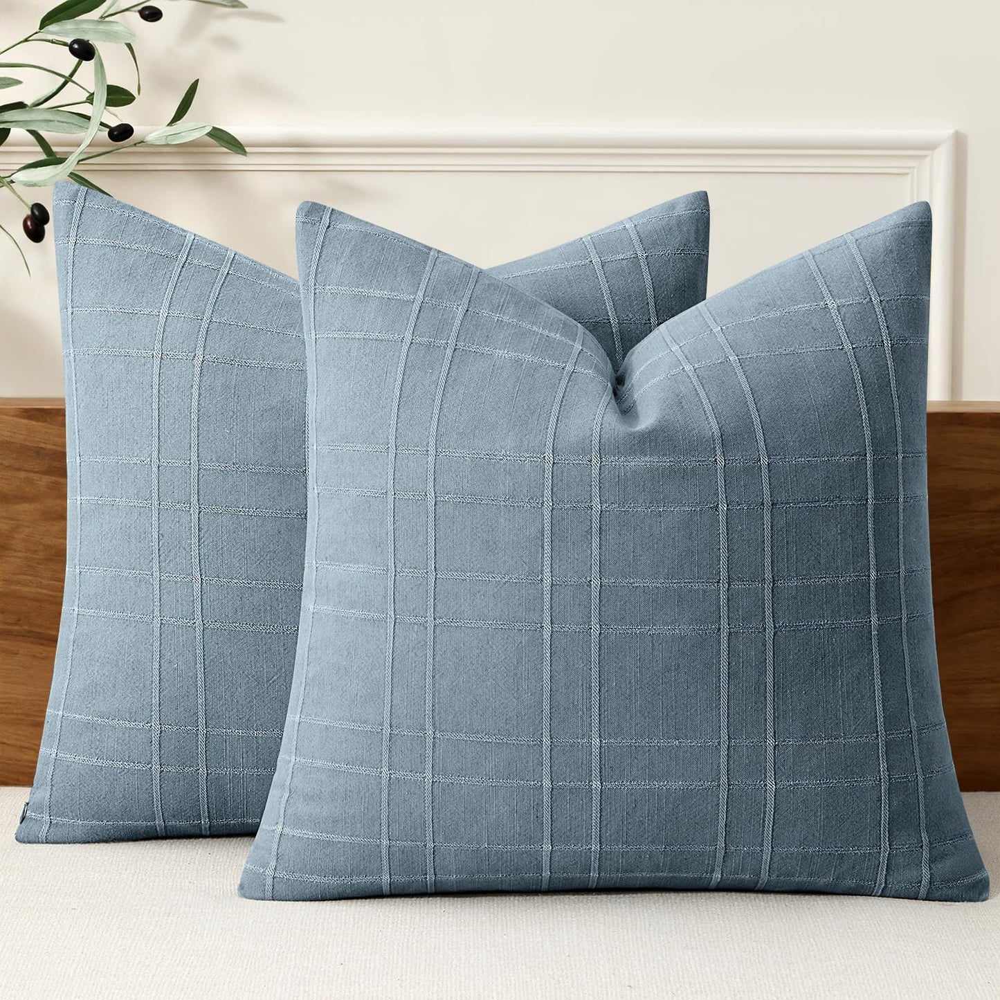 MIULEE Linen Plaid Pillow Covers Decorative 18x18 Dark Olive Green