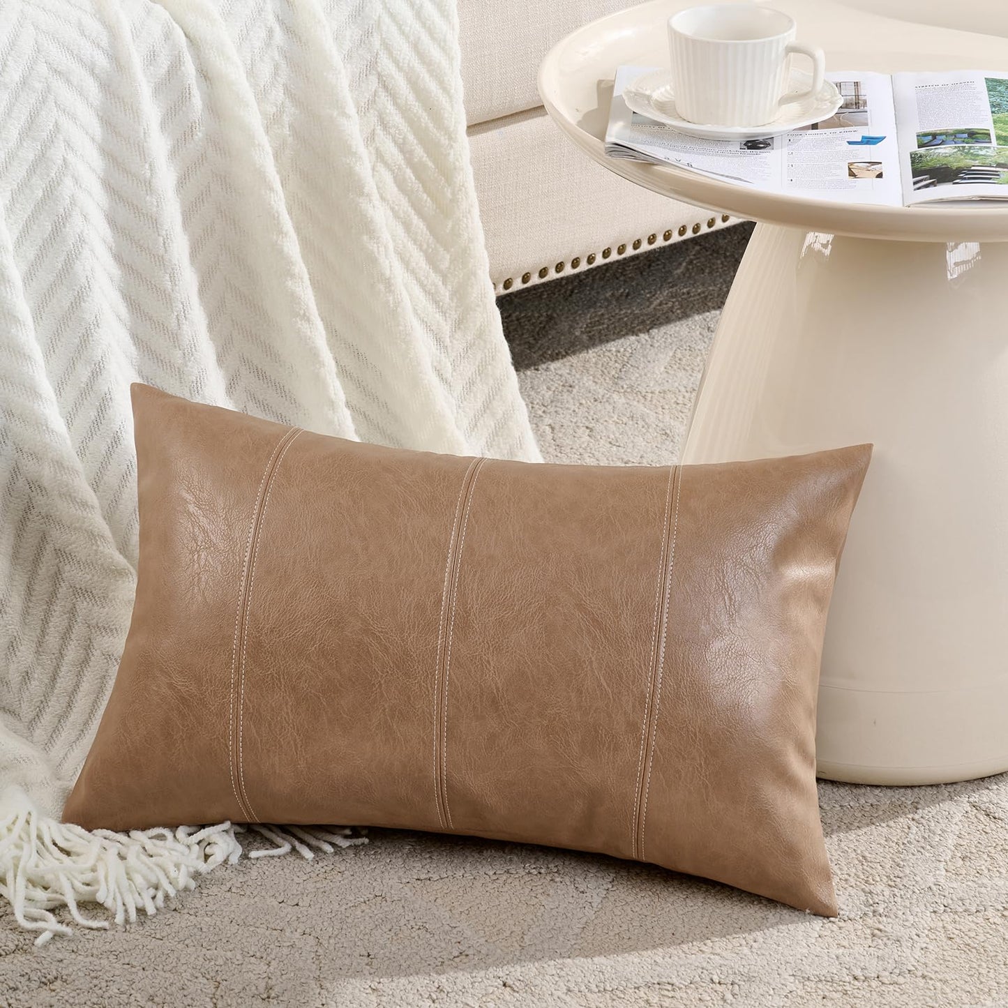 Fancy Homi Brown Boho Long Lumbar Faux Leather Body Decorative Throw Pillow Cover 14x36 Inch for Bedroom Couch Bed Bench, Thick Stylish Solid Rectangle Pillowcase, Rustic Modern Farmhouse Room Decor