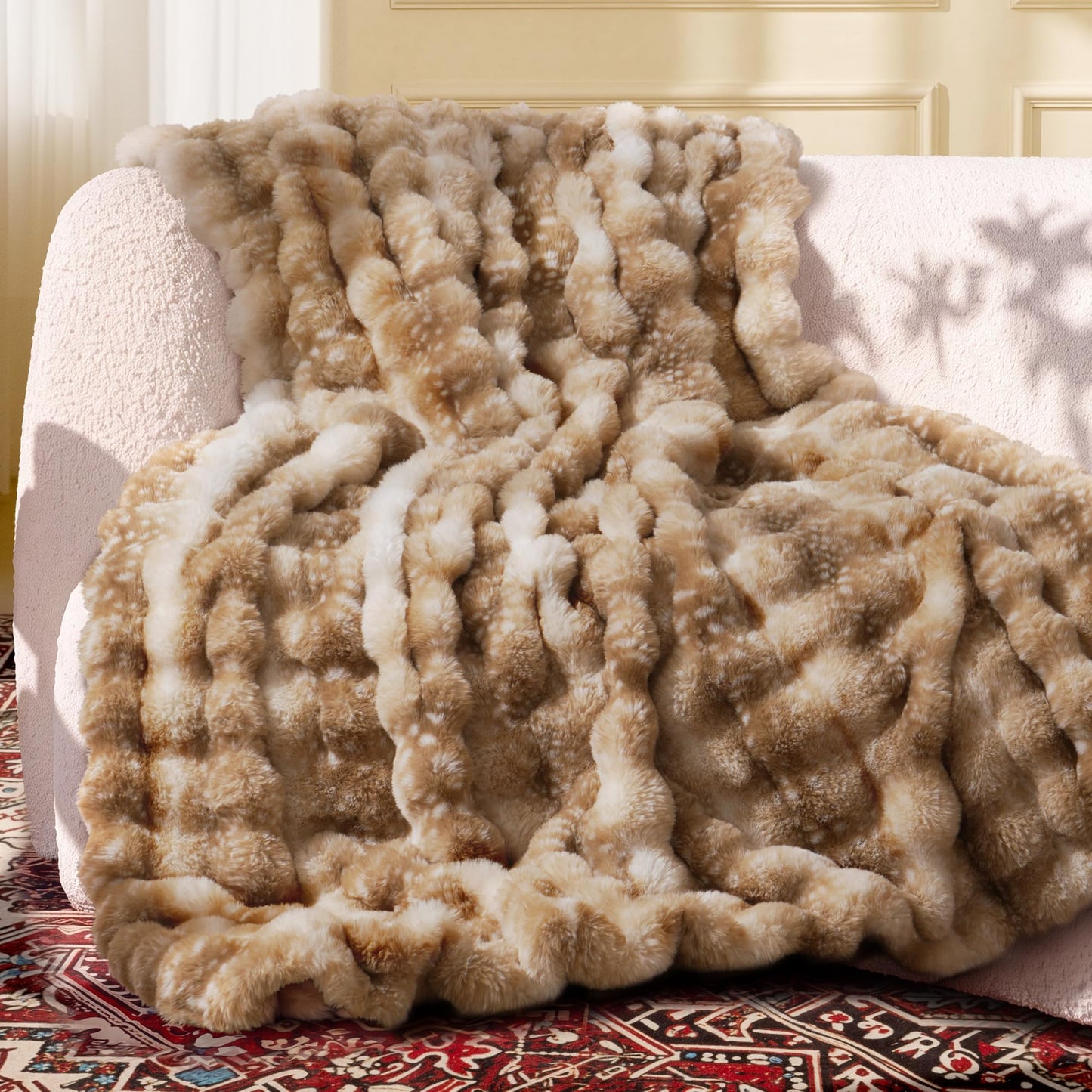 Ultra Soft Cozy Faux Fur Throw Blanket, Fuzzy Plush Thick Bubble Blanket, Oversize Luxury Fluffy Blanket for Couch, Sofa, Bedroom, and Living Room, 50x60 Inches, Light Brown