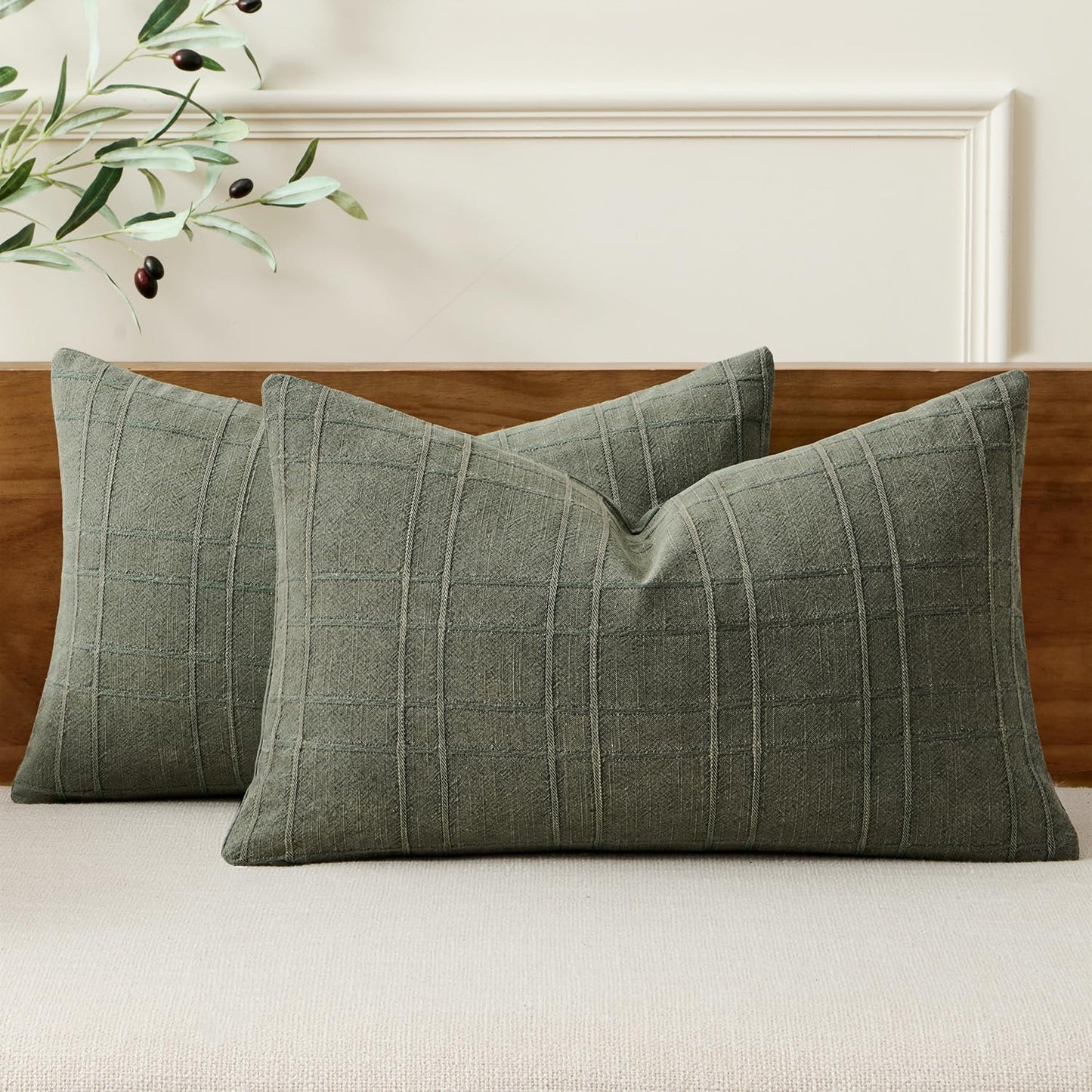 MIULEE Linen Plaid Pillow Covers Decorative 18x18 Dark Olive Green