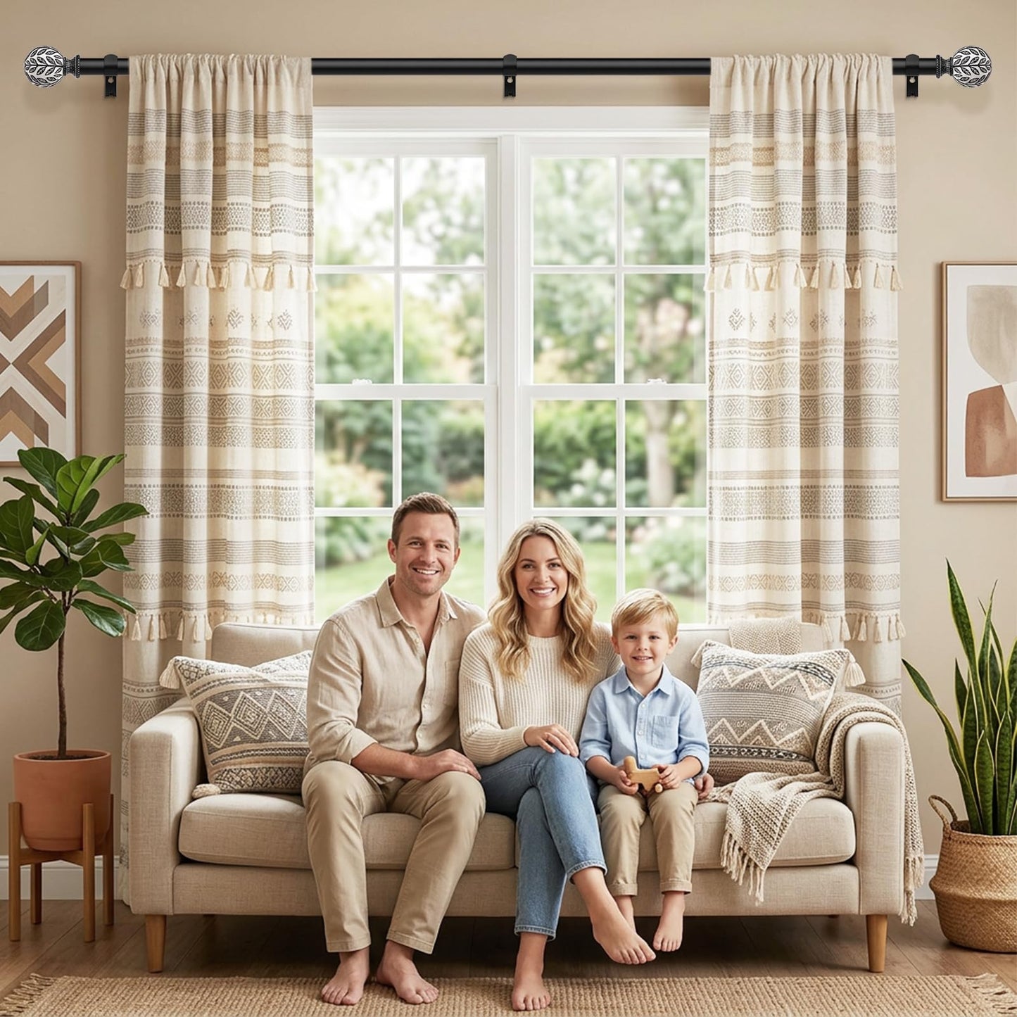 Curtain Rod 36-91 Inch, Boho Wood 1 Inch Curtain Rods for Windows