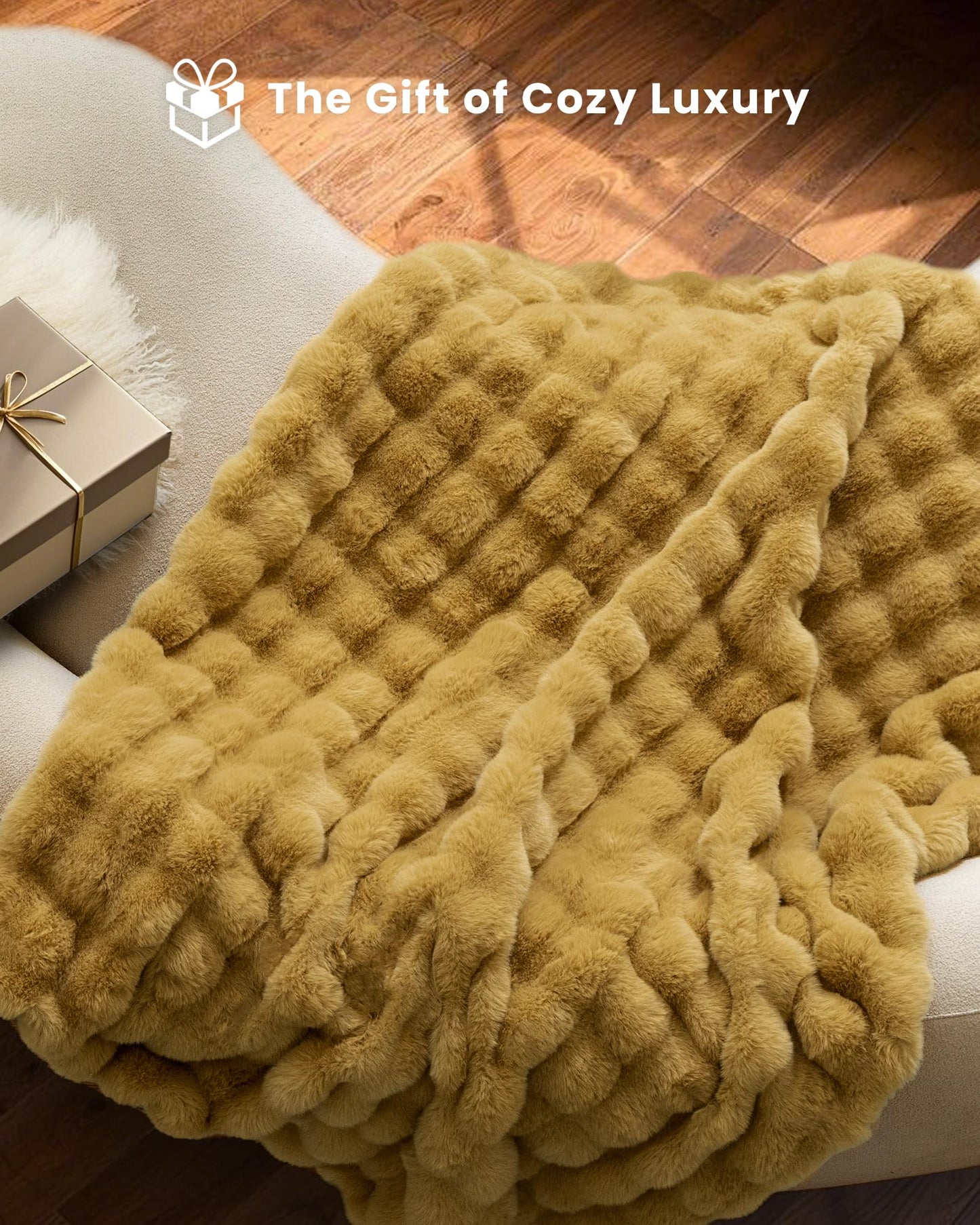 Ultra Soft Cozy Faux Fur Throw Blanket, Fuzzy Plush Thick Bubble Blanket, Oversize Luxury Fluffy Blanket for Couch, Sofa, Bedroom, and Living Room, 50x60 Inches, Light Brown