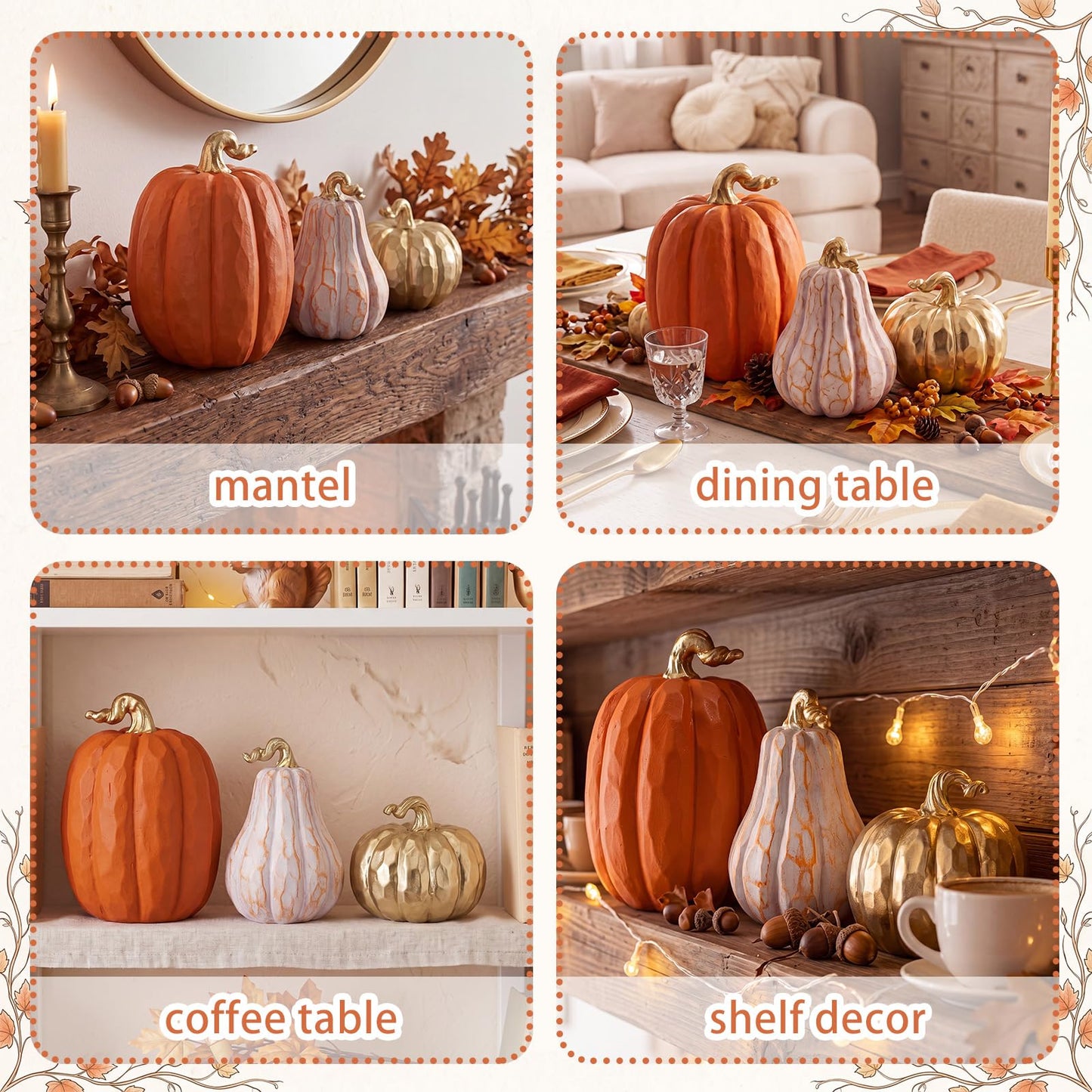 VioraWhite 3 Pack Fall Pumpkin Decor White Gold Resin Pumpkin Figurine