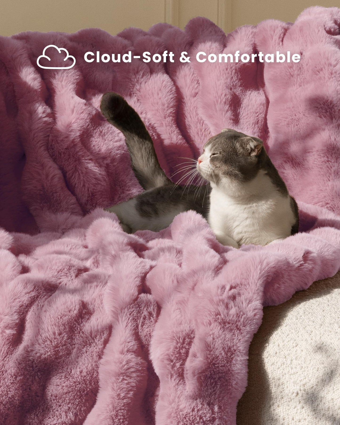 Ultra Soft Cozy Faux Fur Throw Blanket, Fuzzy Plush Thick Bubble Blanket, Oversize Luxury Fluffy Blanket for Couch, Sofa, Bedroom, and Living Room, 50x60 Inches, Light Brown