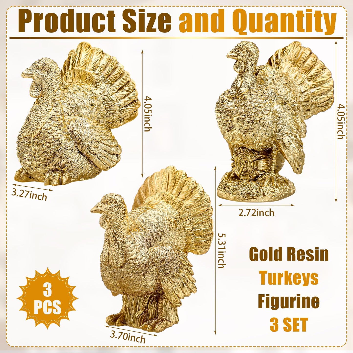 VioraWhite 3 Pack Fall Pumpkin Decor White Gold Resin Pumpkin Figurine