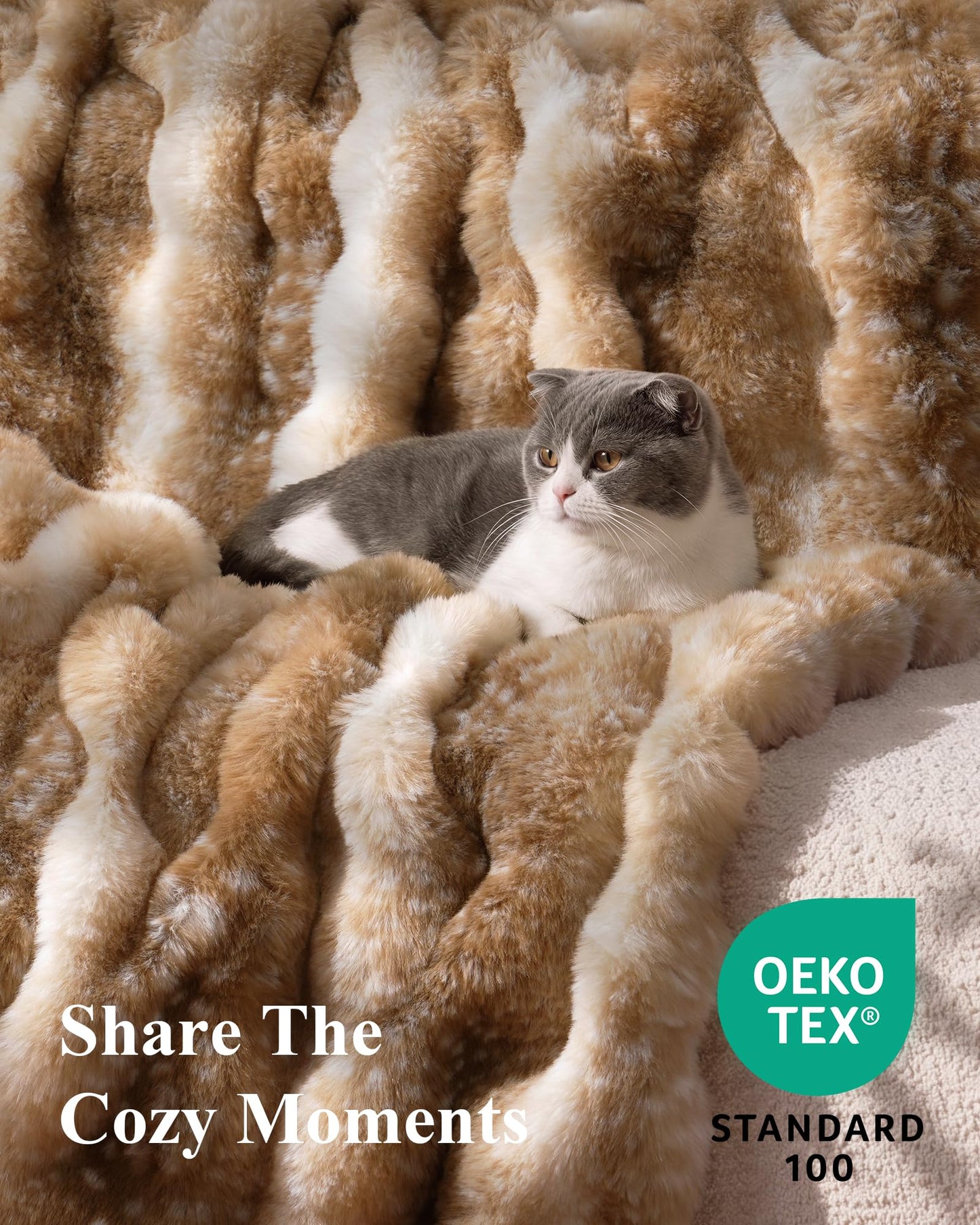Ultra Soft Cozy Faux Fur Throw Blanket, Fuzzy Plush Thick Bubble Blanket, Oversize Luxury Fluffy Blanket for Couch, Sofa, Bedroom, and Living Room, 50x60 Inches, Light Brown