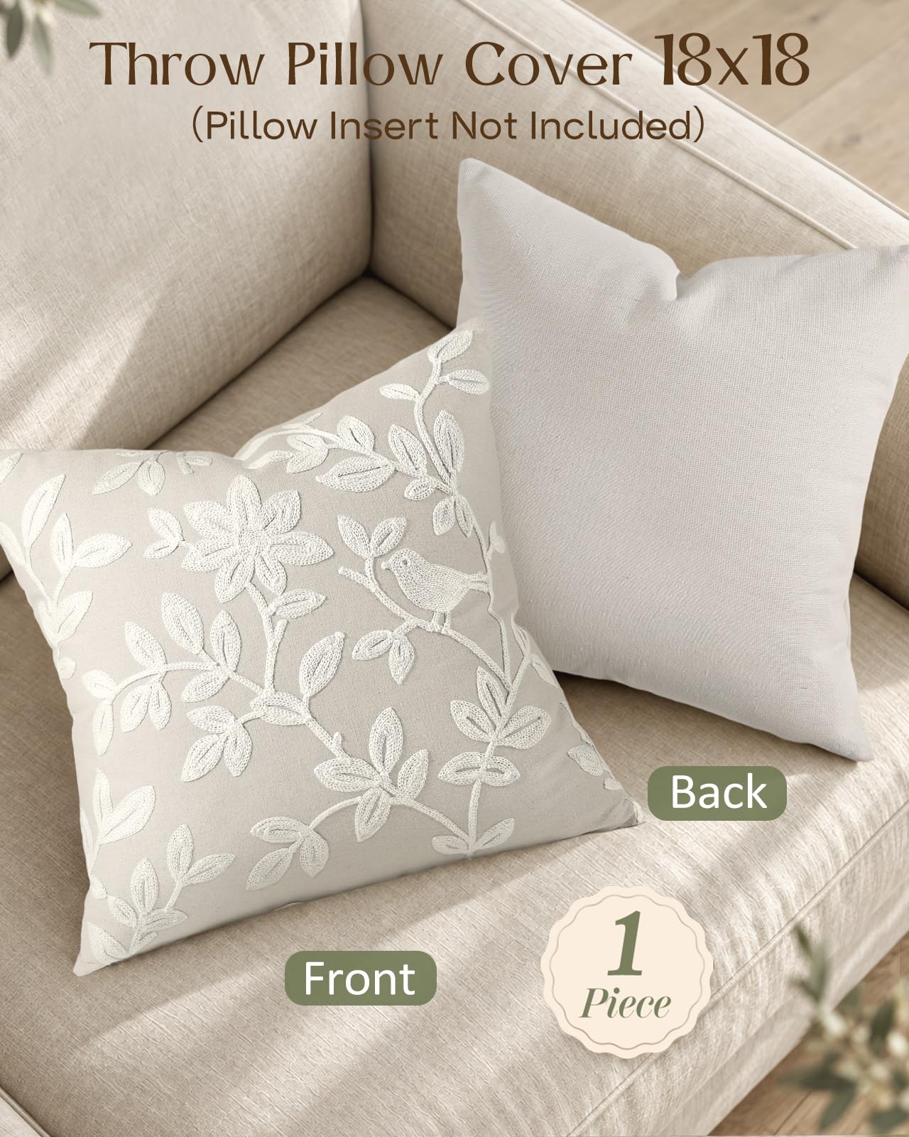 Linen Embroidered Throw Pillow Cover, 18x18 Inch, Khaki Bird