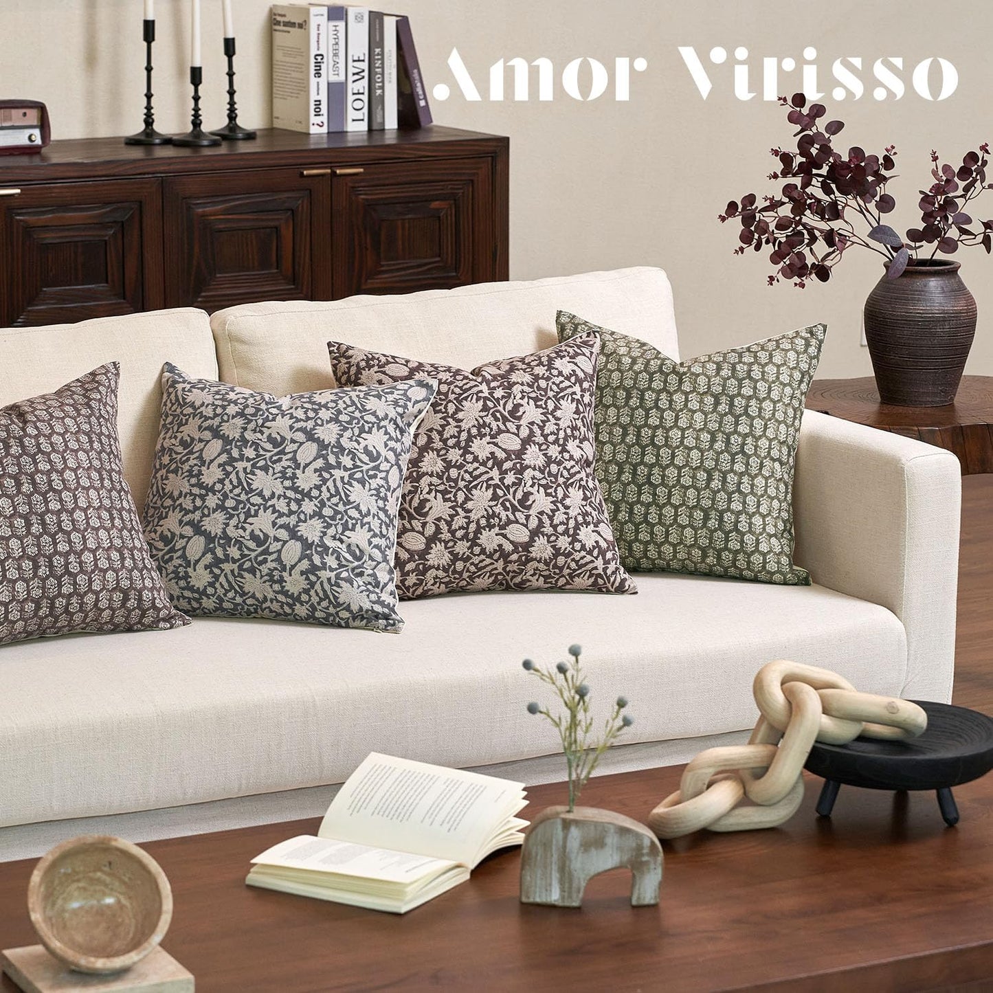 Amor Virisso Floral Throw Pillow Covers 18x18 Couch Pillows for Living Room Decorative Accent Pillow Covers Block Print Farmhouse Neutral Pillow Covers Sofa Pillows 1PC, Dusty Green