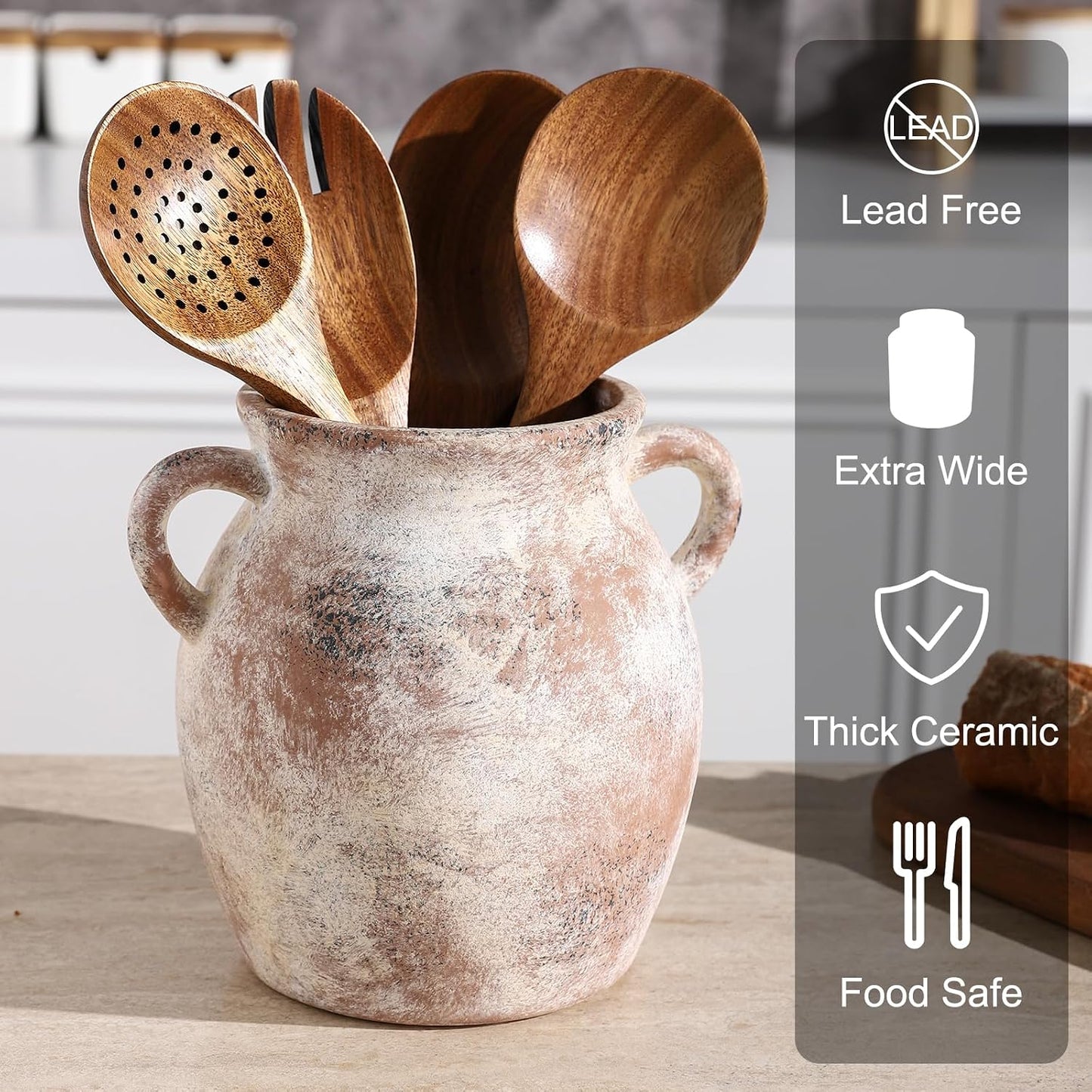 Ceramic Farmhouse Kitchen Utensil Holder for Countertop, Rustic Cooking Utensil Holder Crock Fit for Kitchen Counter.
