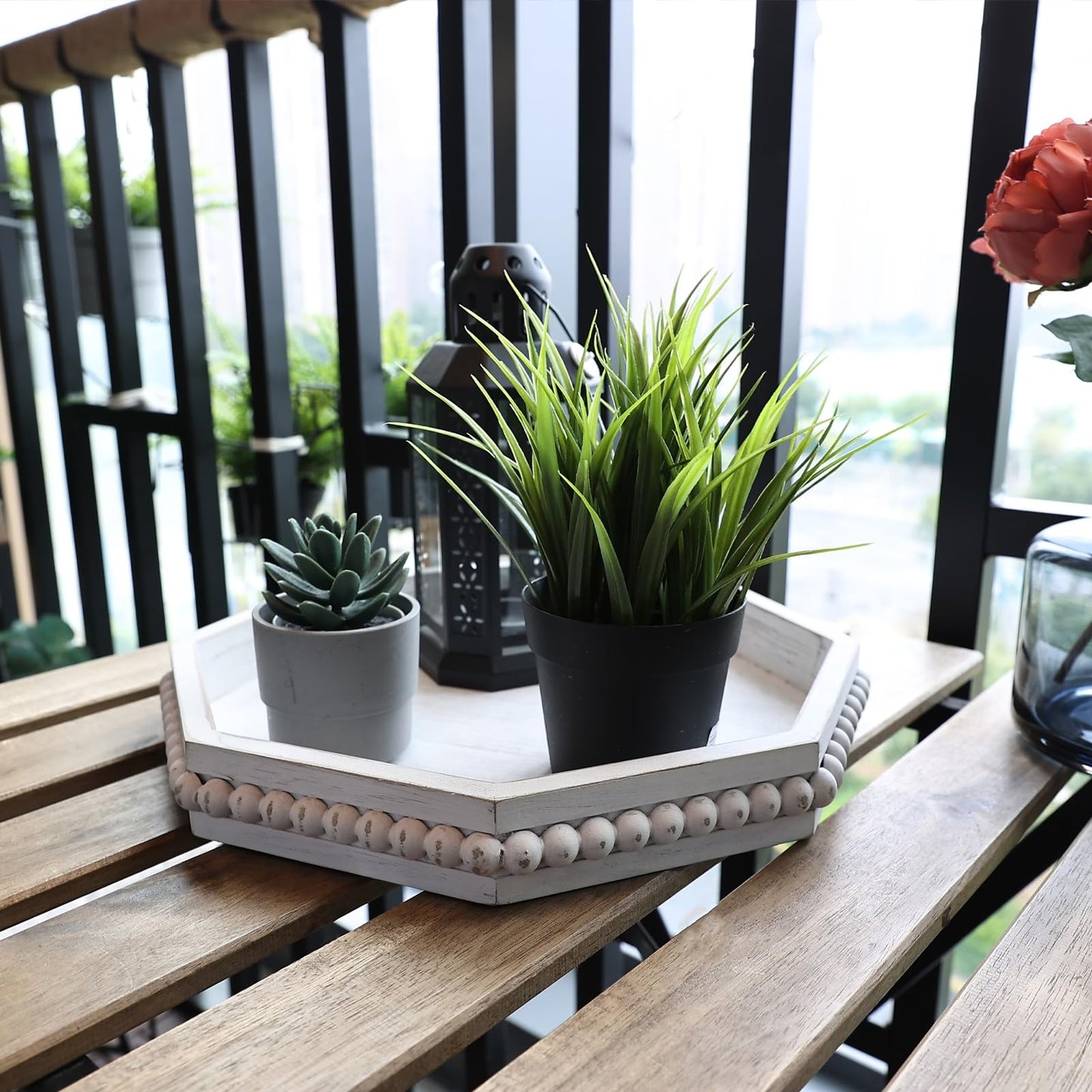Hrastany Wood Rustic Serving Tray with Beads, Farmhouse Brown Decorative Tray for Table Centerpiece, Christmas Wedding Halloween Home Decor