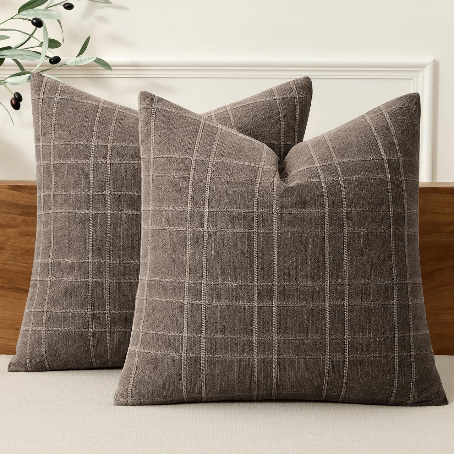 MIULEE Linen Plaid Pillow Covers Decorative 18x18 Dark Olive Green