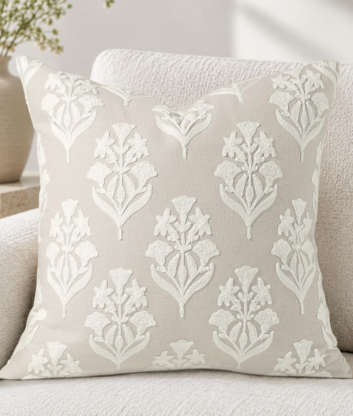 Linen Embroidered Throw Pillow Cover, 18x18 Inch, Khaki Bird