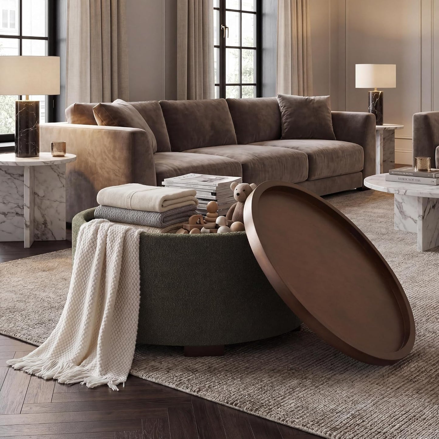 Zihanhome 30 Inch Round Storage Ottoman, Ottoman Coffee Table with Lift Off Lid, Boucle Modern Ottomans with Storage for Living Room, Bedroom, Apartments (Green)