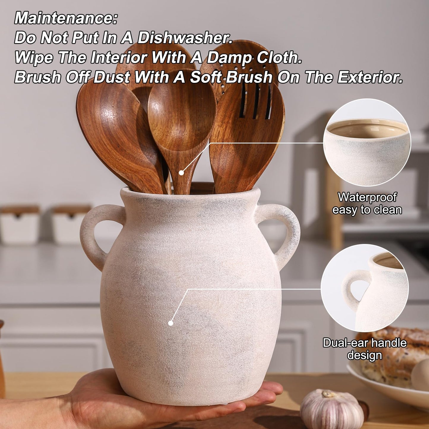 Ceramic Farmhouse Kitchen Utensil Holder for Countertop, Rustic Cooking Utensil Holder Crock Fit for Kitchen Counter.