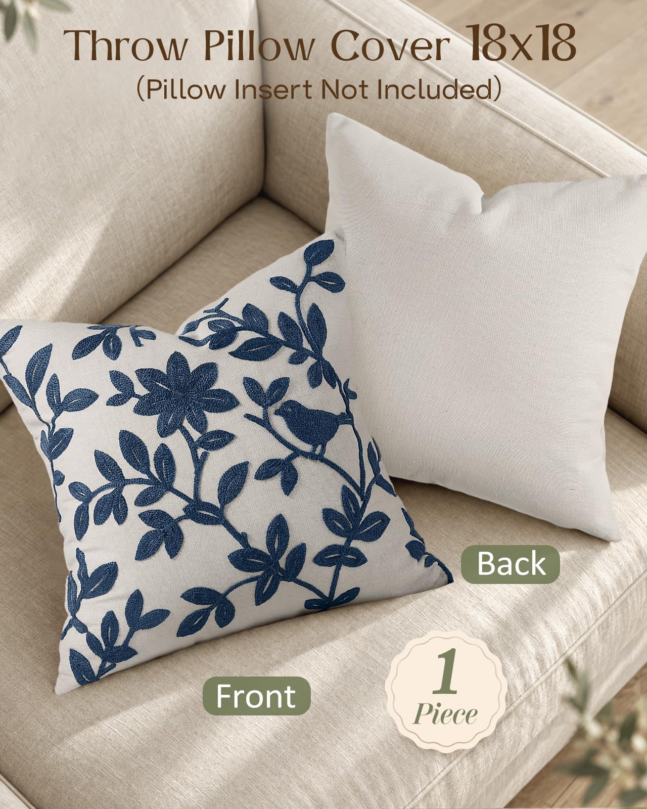Linen Embroidered Throw Pillow Cover, 18x18 Inch, Khaki Bird