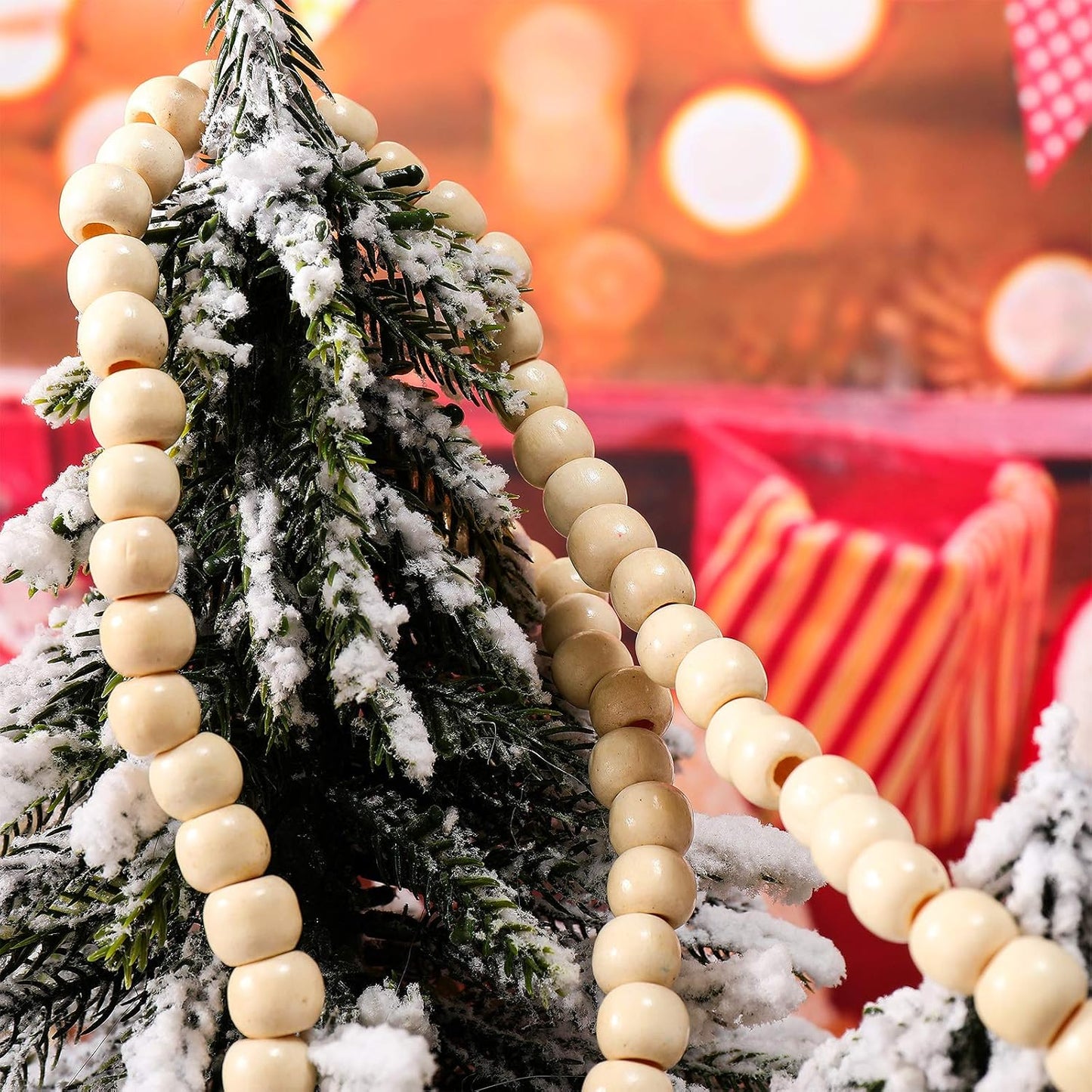 WILLBOND 16 Feet Wood Bead Garland Christmas Tree, Wood Color