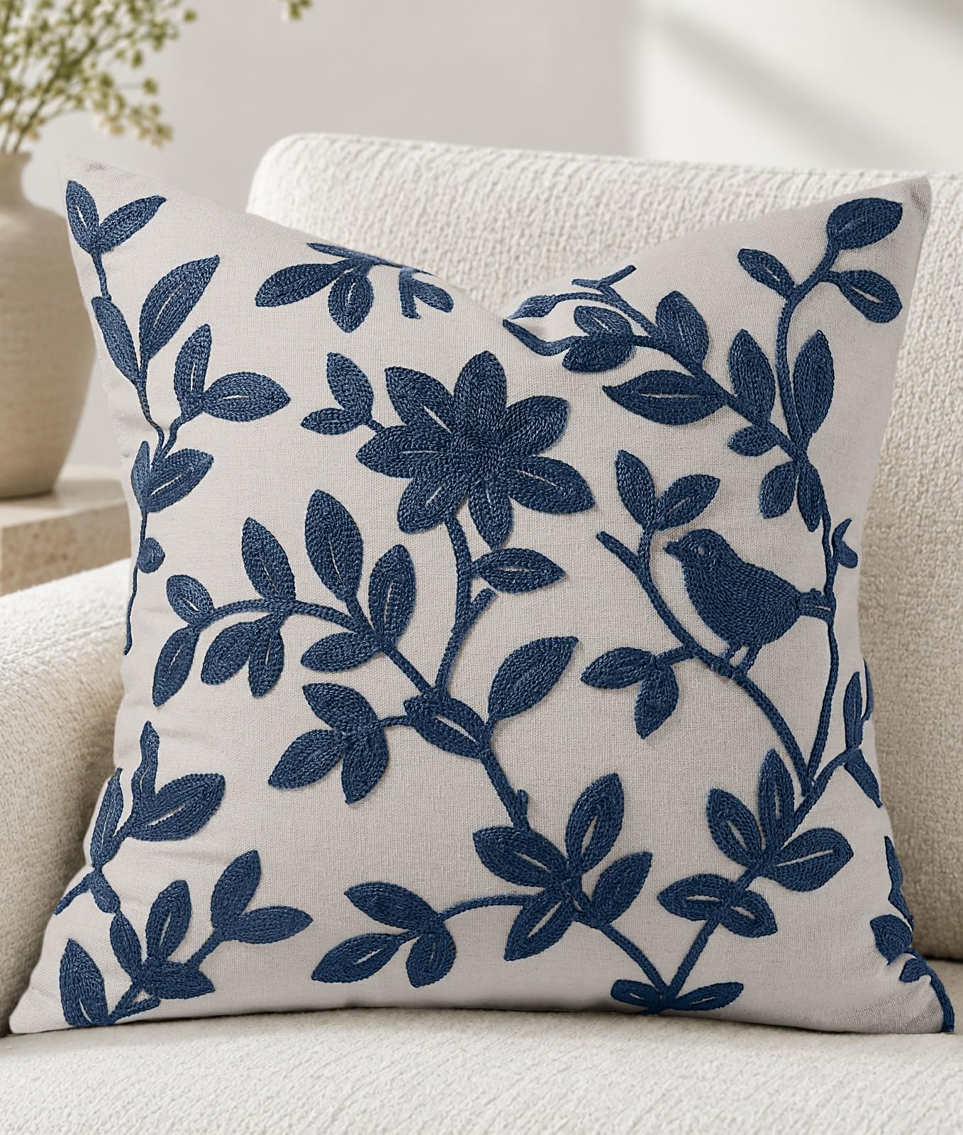 Linen Embroidered Throw Pillow Cover, 18x18 Inch, Khaki Bird
