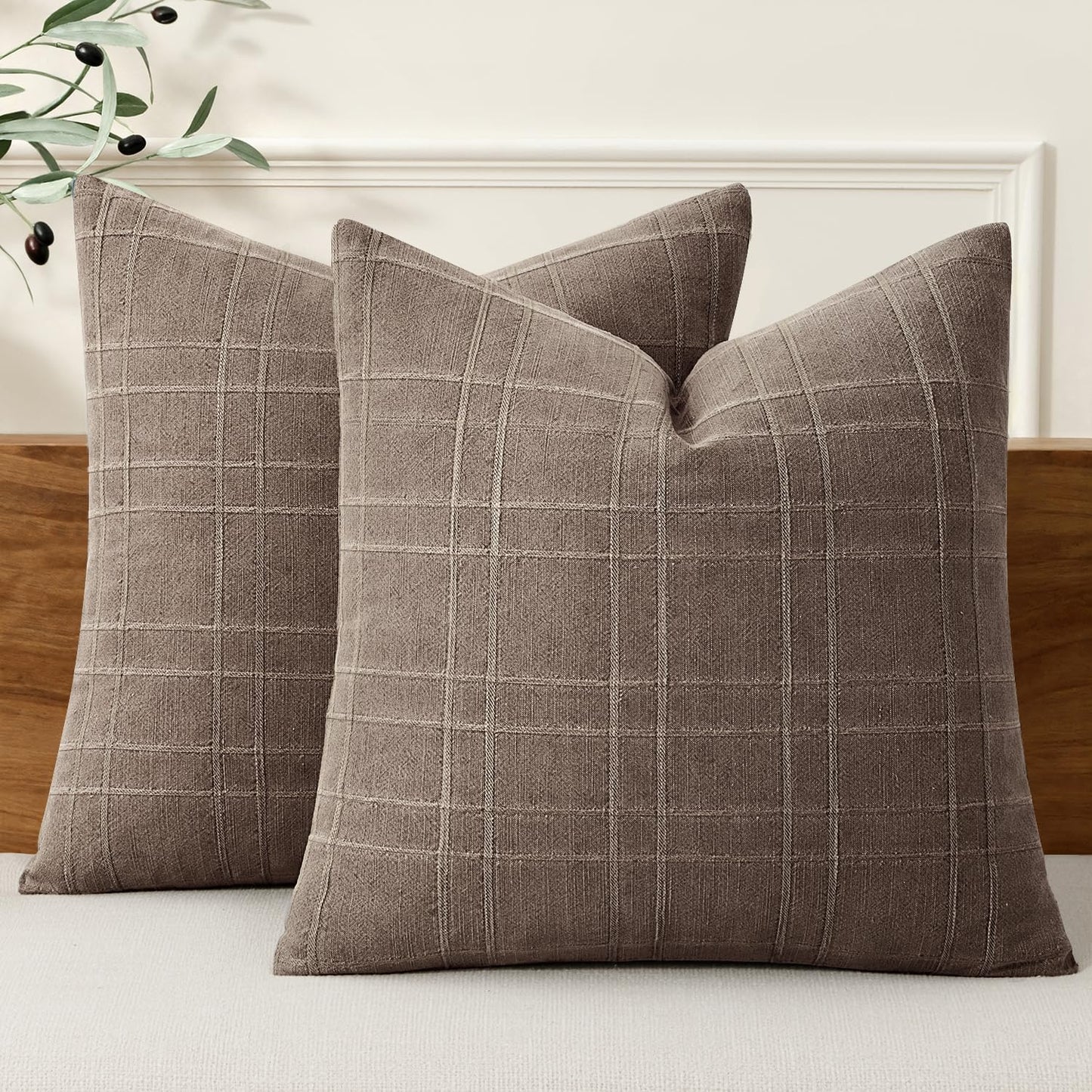 MIULEE Linen Plaid Pillow Covers Decorative 18x18 Dark Olive Green