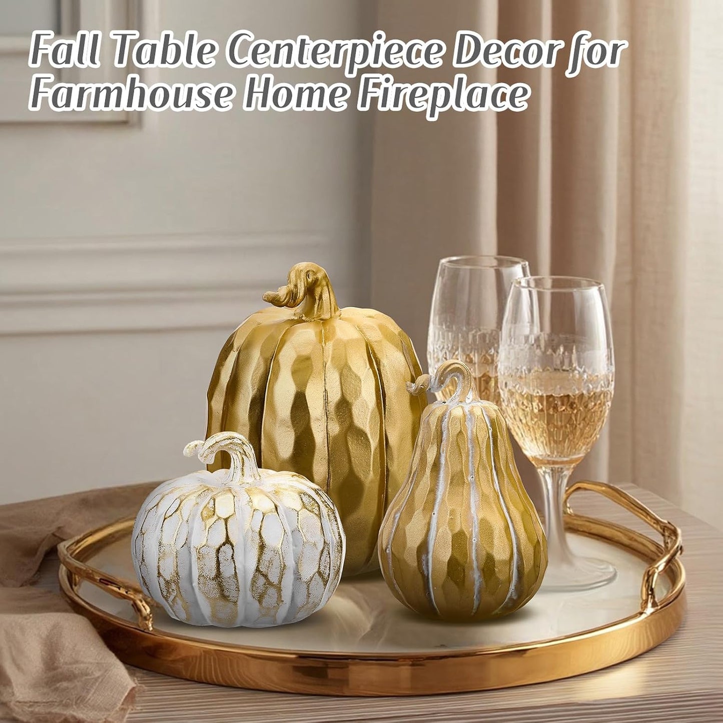 VioraWhite 3 Pack Fall Pumpkin Decor White Gold Resin Pumpkin Figurine