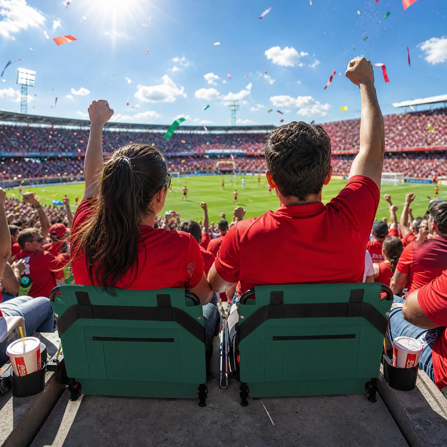 2pcs Stadium Seat for Bleachers with Back Support，Portable Bleacher Chairs with Back and Cushion，Includes Shoulder Strap and Cup Holder