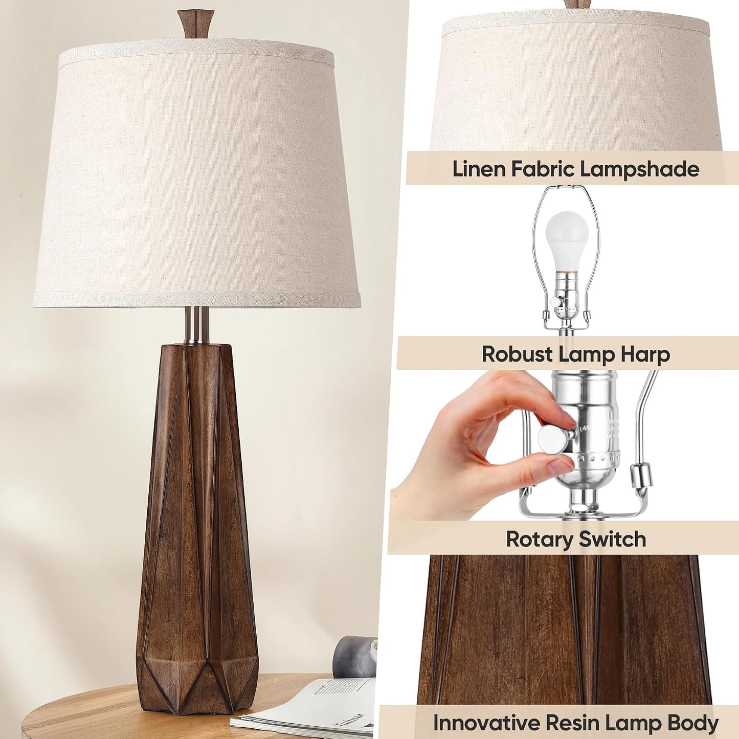 WIHTU 27" Wood Grain Resin Table Lamp Set of 2,Modern Beside Lamp for Decor