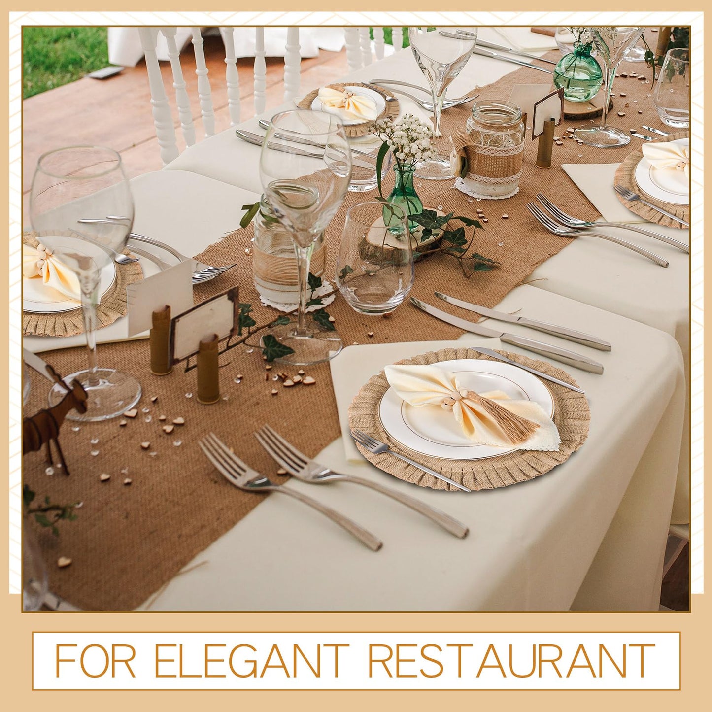 Gejoy 18 Pcs Burlap Placemat Wood Napkin Ring Dinner Napkin, Natural