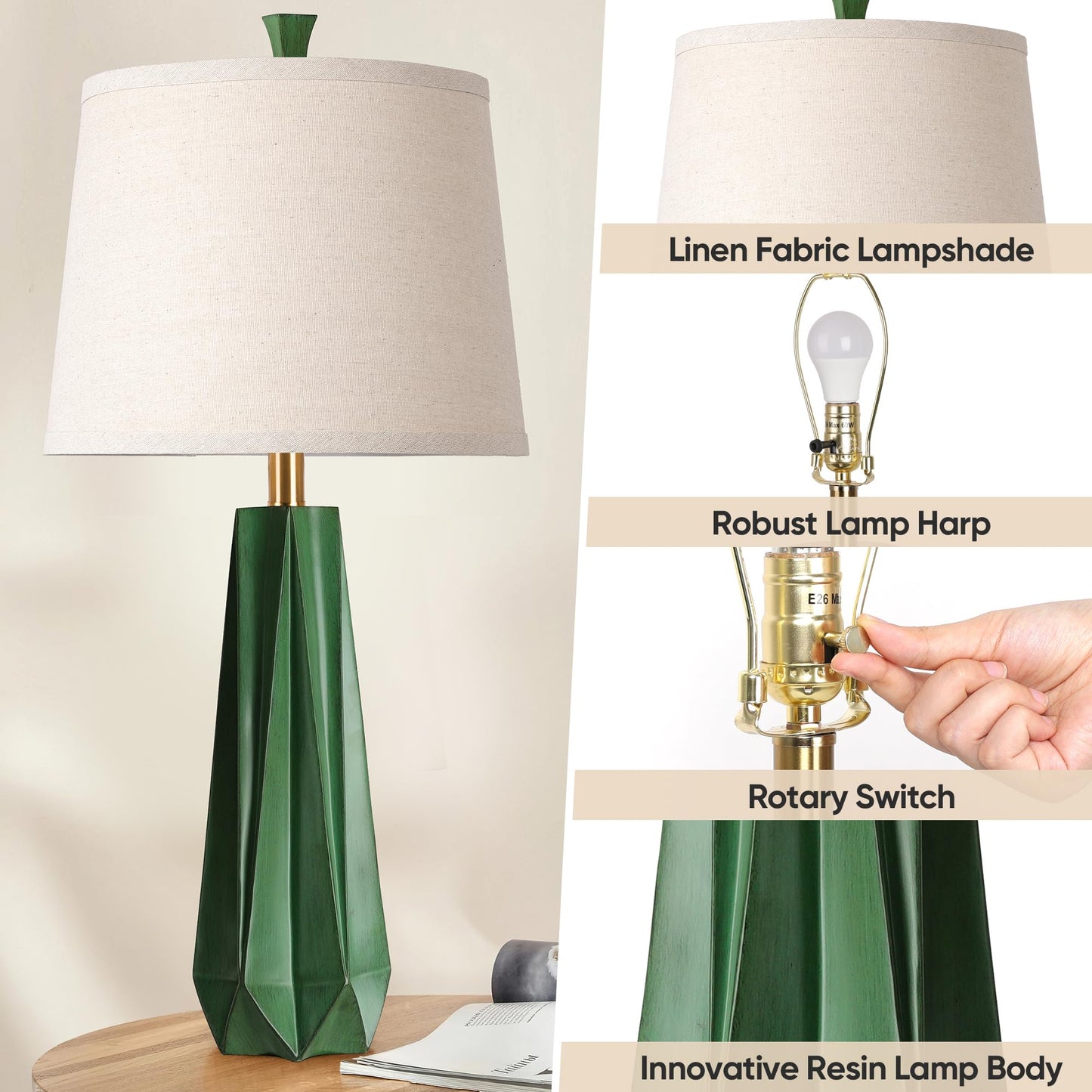 WIHTU 27" Wood Grain Resin Table Lamp Set of 2,Modern Beside Lamp for Decor