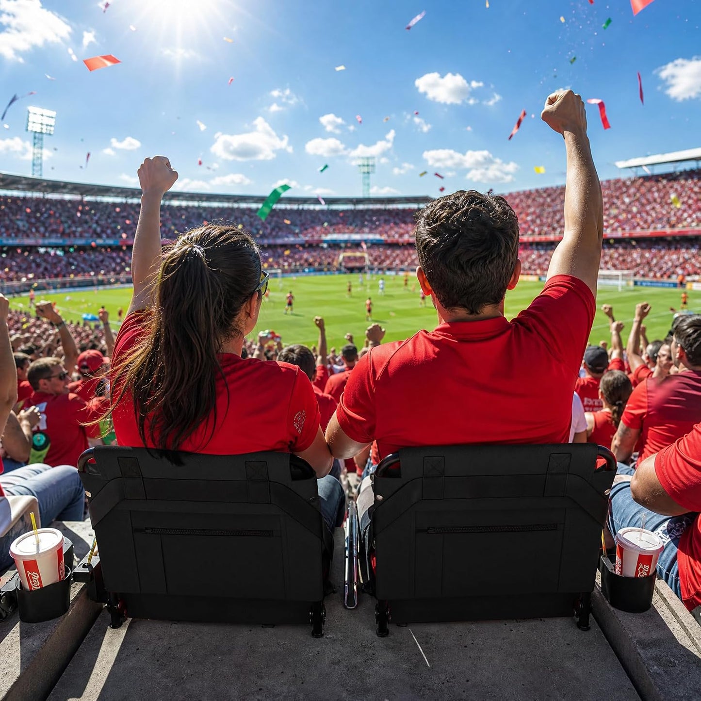 2pcs Stadium Seat for Bleachers with Back Support，Portable Bleacher Chairs with Back and Cushion，Includes Shoulder Strap and Cup Holder