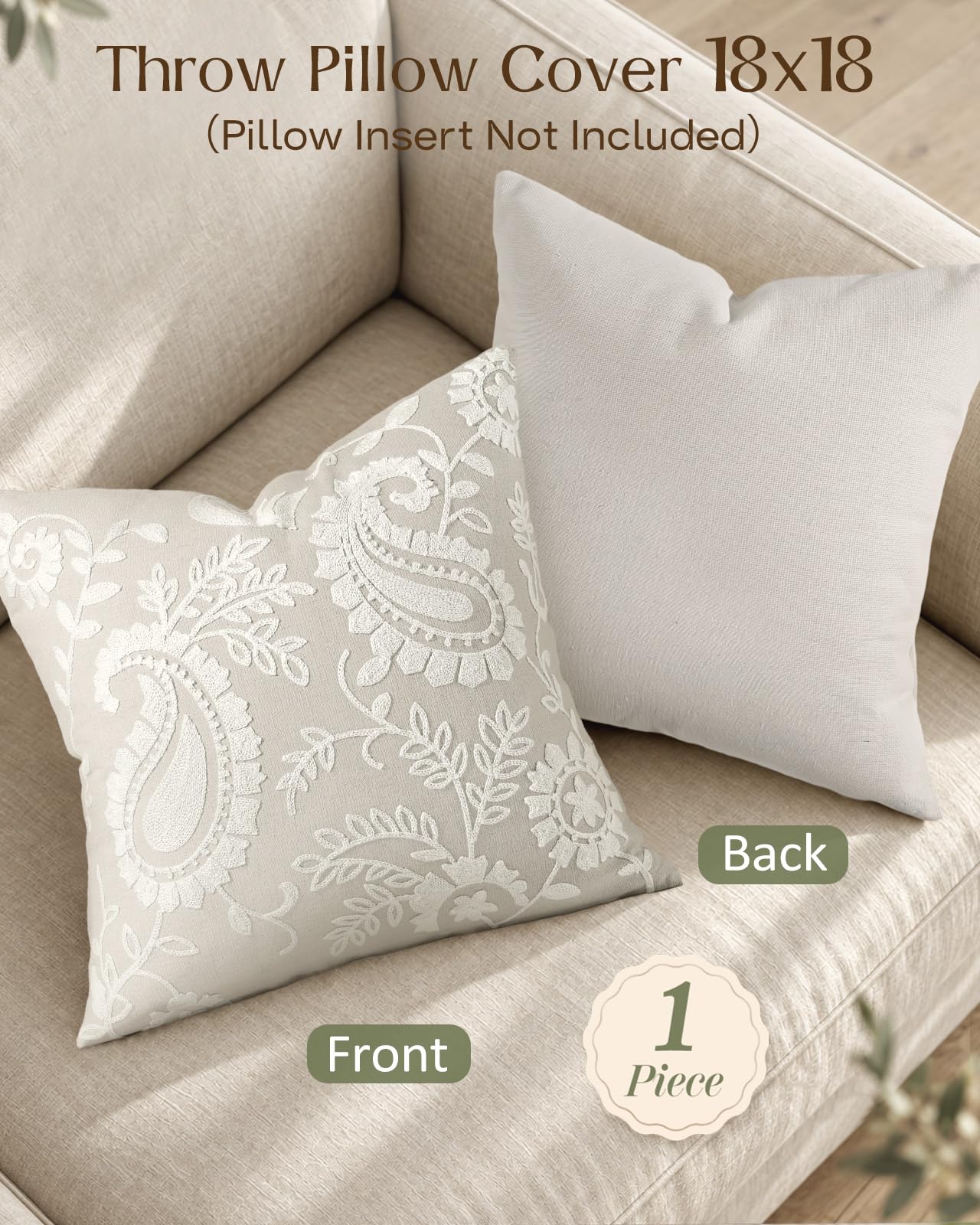 Linen Embroidered Throw Pillow Cover, 18x18 Inch, Khaki Bird