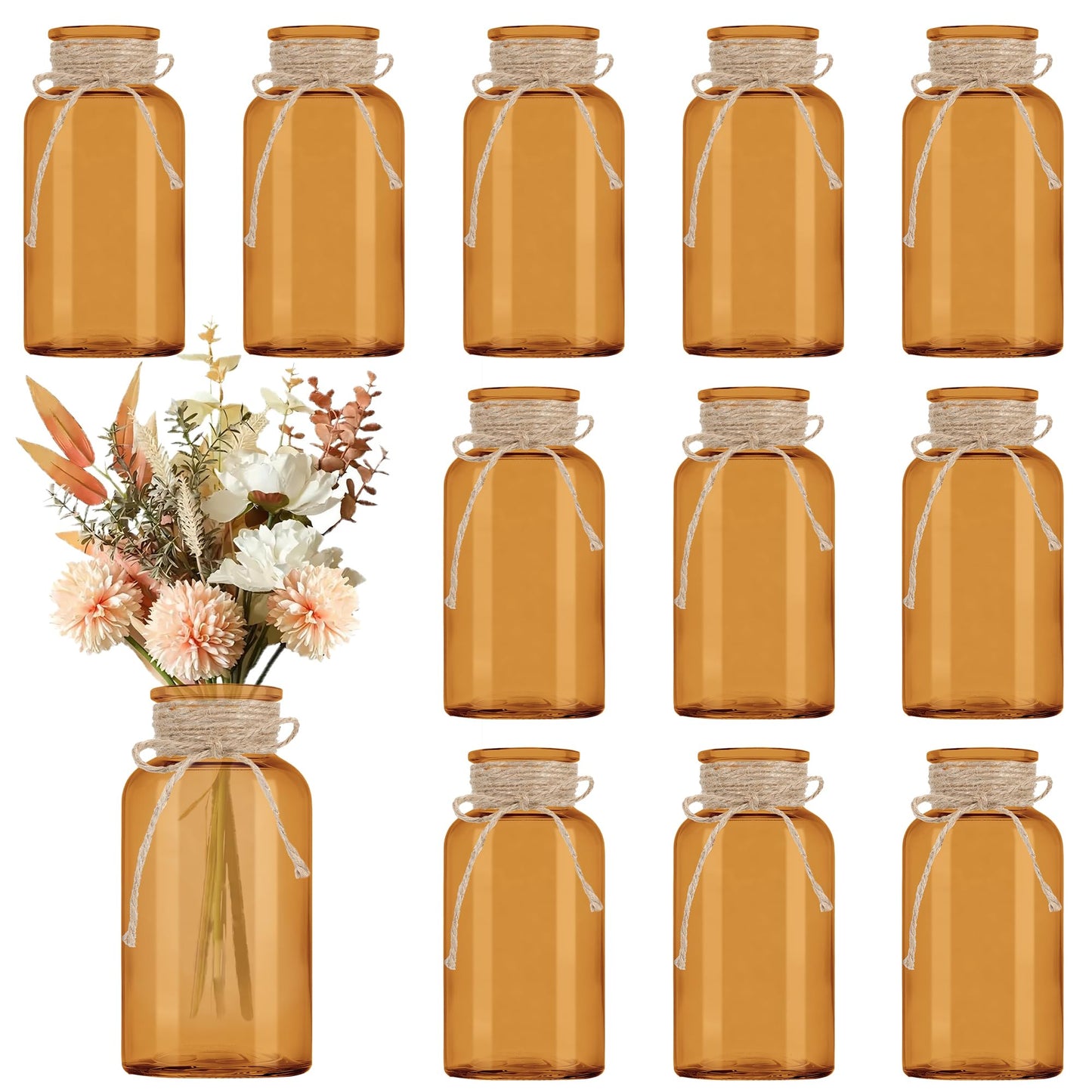 3 Pack Mason Jar Vases for Centerpieces, Amber Glass Flower Vase