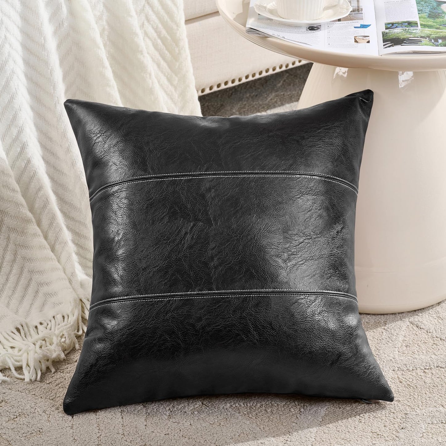 Fancy Homi Brown Boho Long Lumbar Faux Leather Body Decorative Throw Pillow Cover 14x36 Inch for Bedroom Couch Bed Bench, Thick Stylish Solid Rectangle Pillowcase, Rustic Modern Farmhouse Room Decor