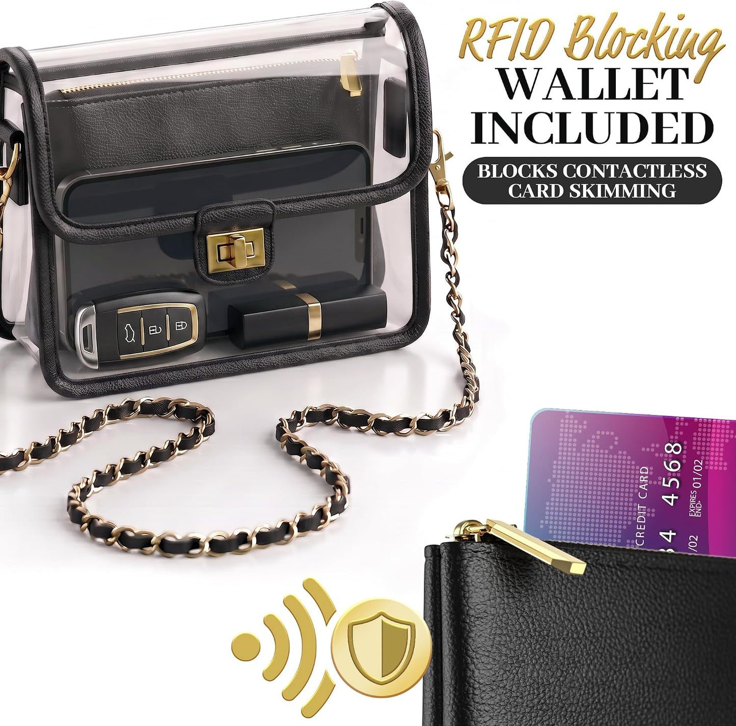 Clear Crossbody Purse for Women, RFID Wallet, Stadium Approved Clear Bag