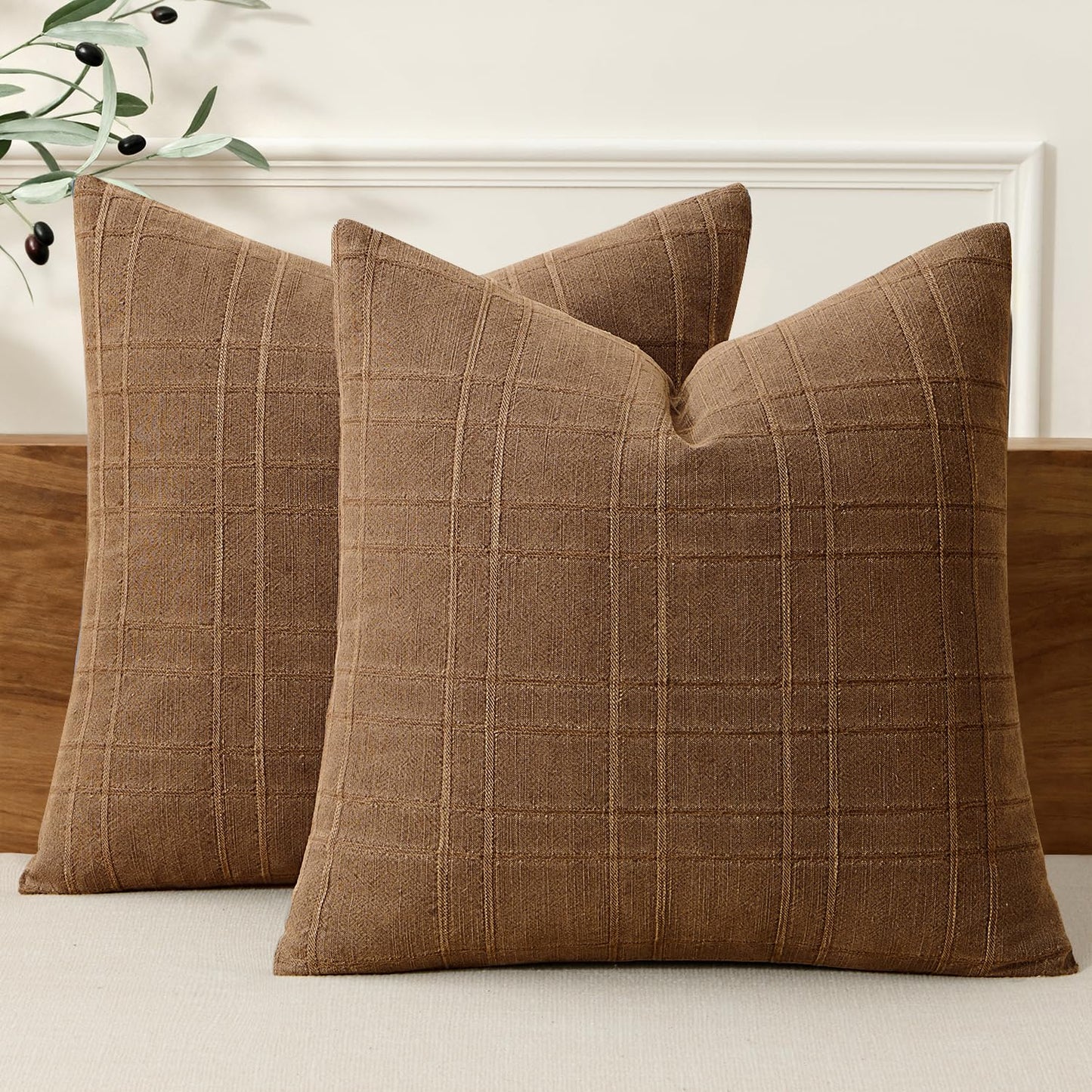 MIULEE Linen Plaid Pillow Covers Decorative 18x18 Dark Olive Green