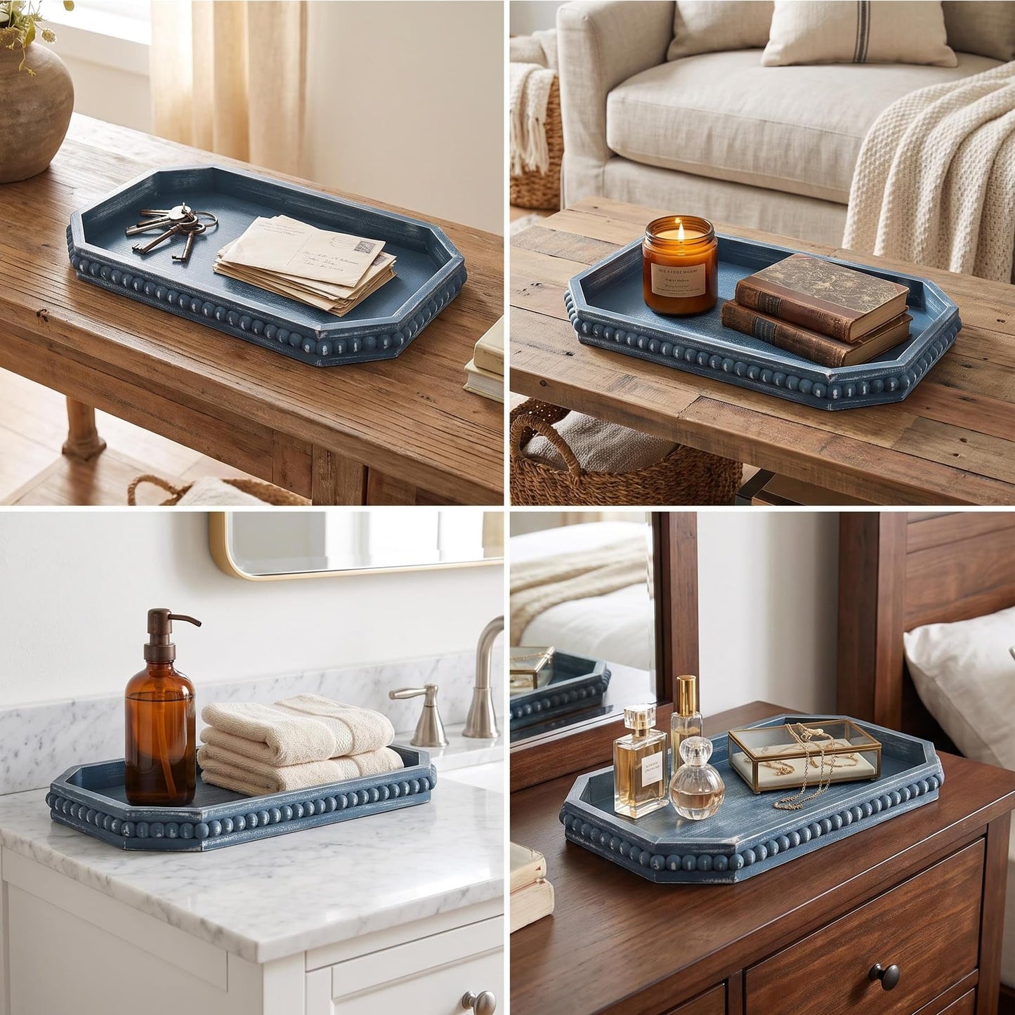 Hrastany Wood Rustic Serving Tray with Beads, Farmhouse Brown Decorative Tray for Table Centerpiece, Christmas Wedding Halloween Home Decor