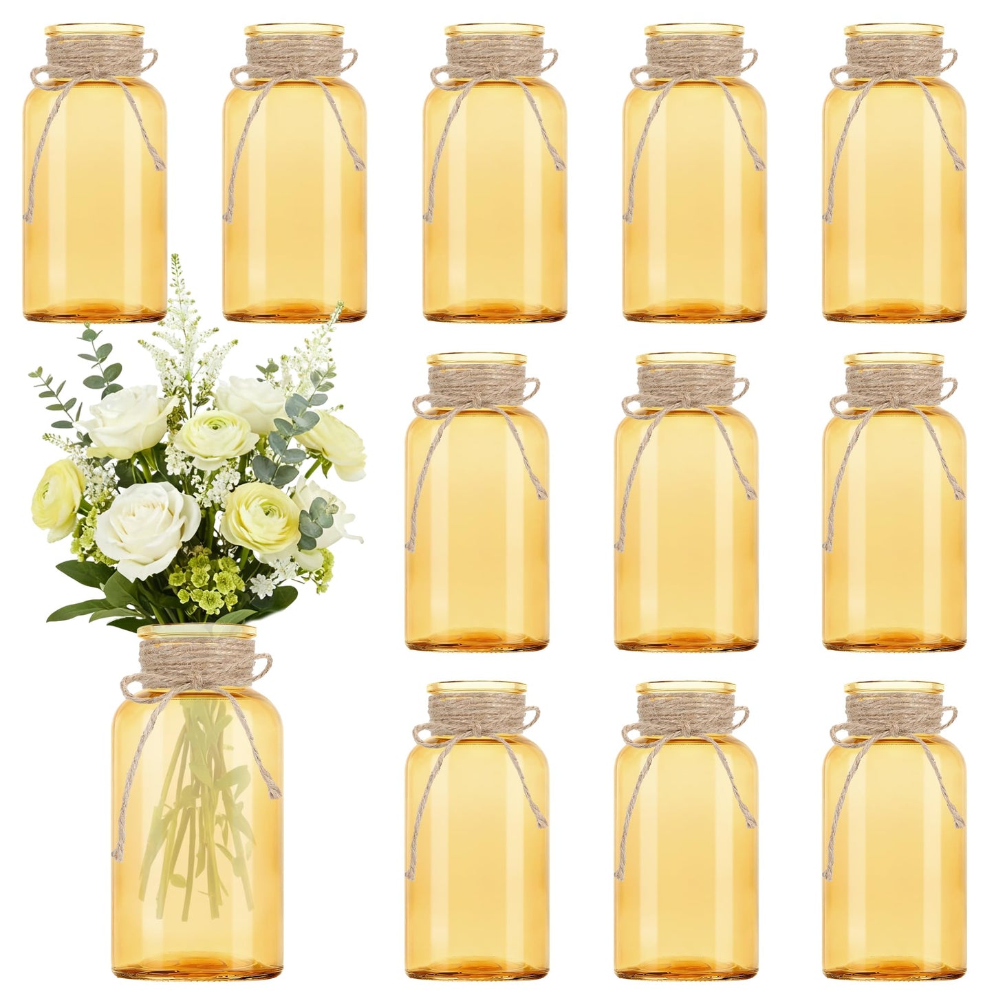 3 Pack Mason Jar Vases for Centerpieces, Amber Glass Flower Vase
