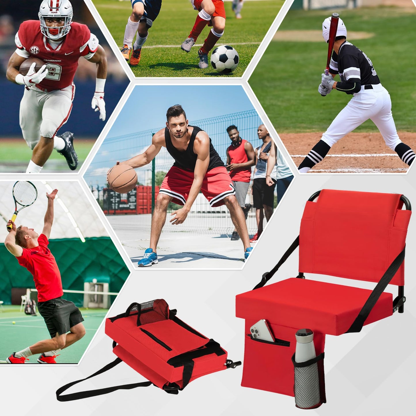 2pcs Stadium Seat for Bleachers with Back Support，Portable Bleacher Chairs with Back and Cushion，Includes Shoulder Strap and Cup Holder