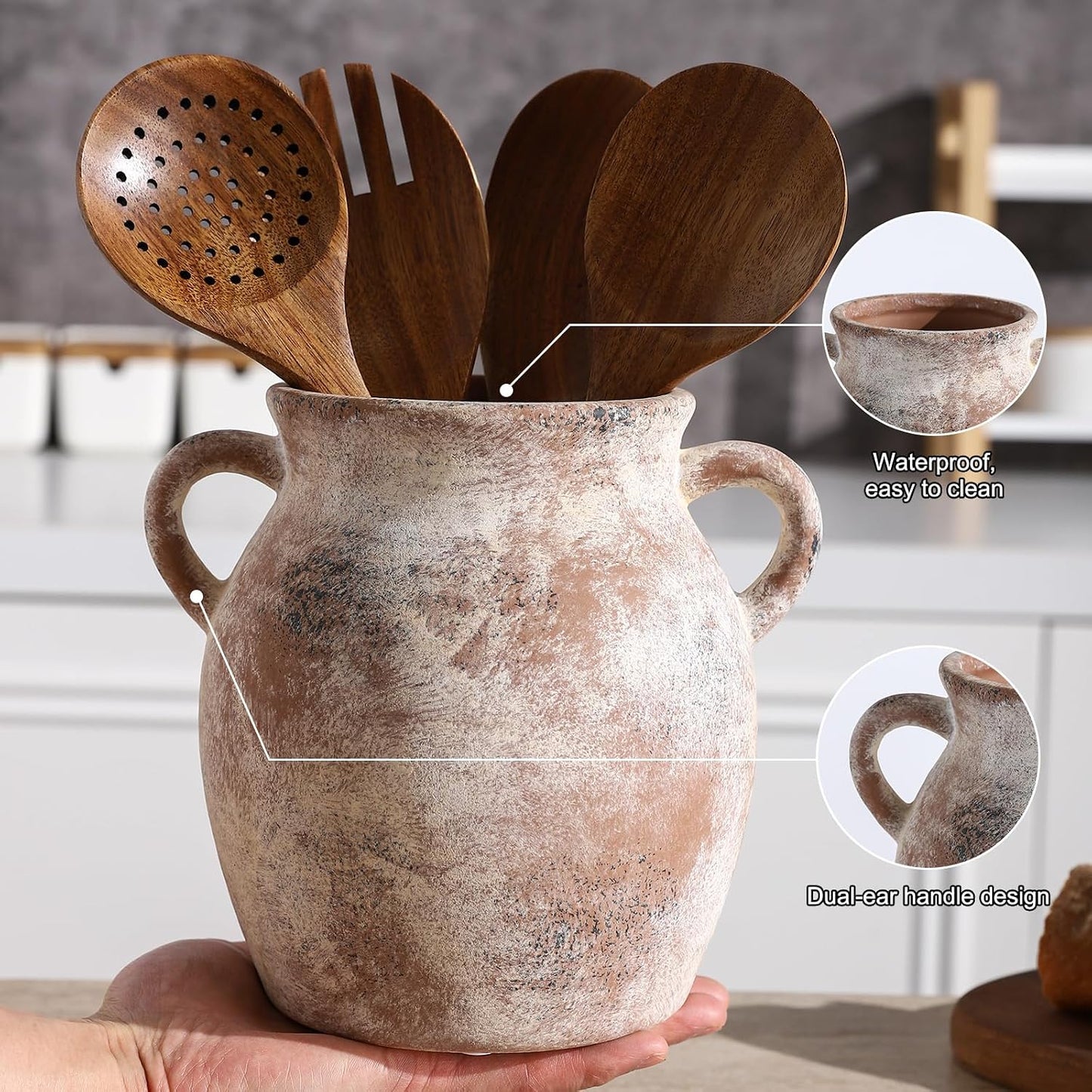 Ceramic Farmhouse Kitchen Utensil Holder for Countertop, Rustic Cooking Utensil Holder Crock Fit for Kitchen Counter.