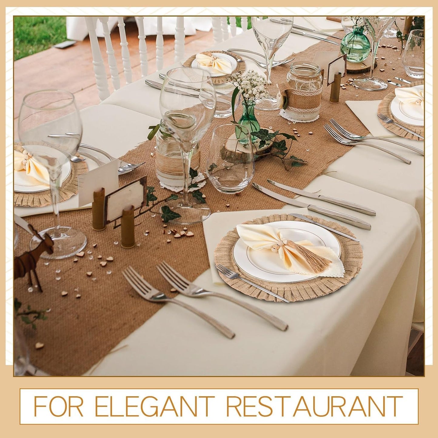 Gejoy 18 Pcs Burlap Placemat Wood Napkin Ring Dinner Napkin, Natural