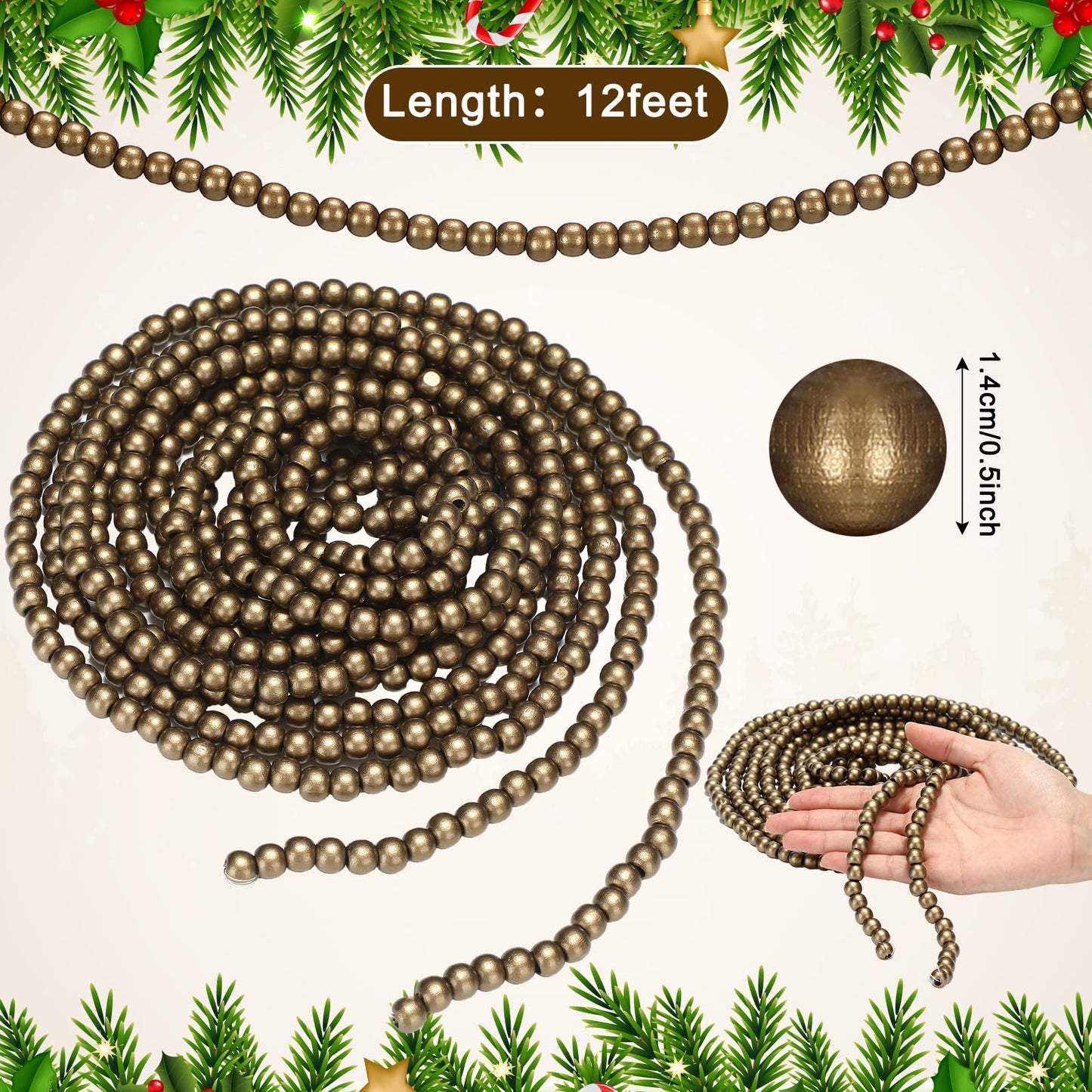 WILLBOND 16 Feet Wood Bead Garland Christmas Tree, Wood Color
