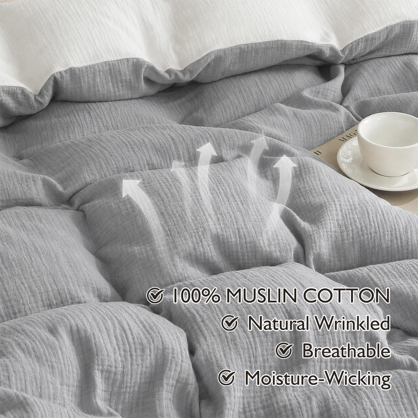 EMME Muslin Cotton Duvet Cover Set Linen Like Beige Queen
