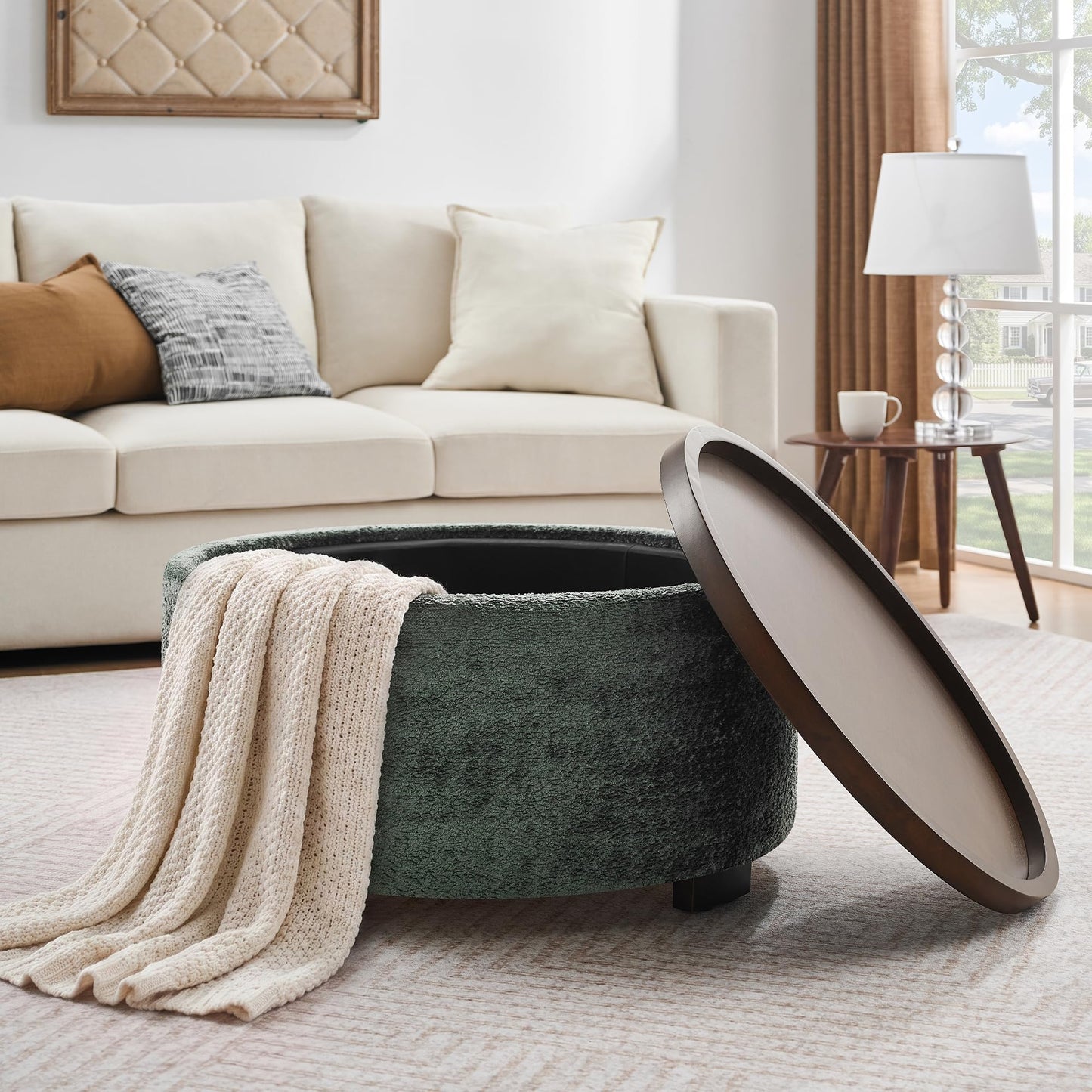 Zihanhome 30 Inch Round Storage Ottoman, Ottoman Coffee Table with Lift Off Lid, Boucle Modern Ottomans with Storage for Living Room, Bedroom, Apartments (Green)